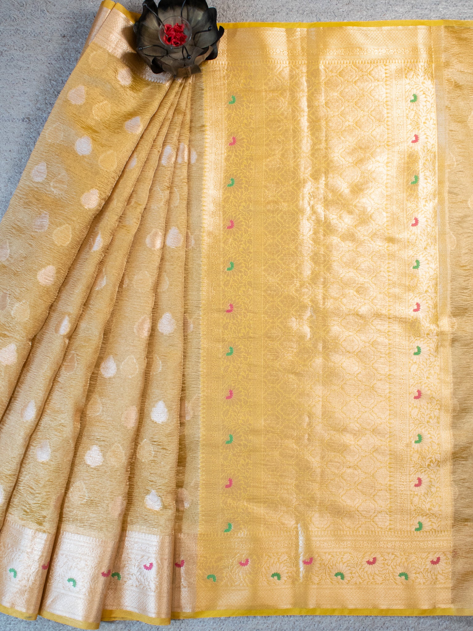 Banarasi Crushed Tissue Saree With Zari Border- Yellow