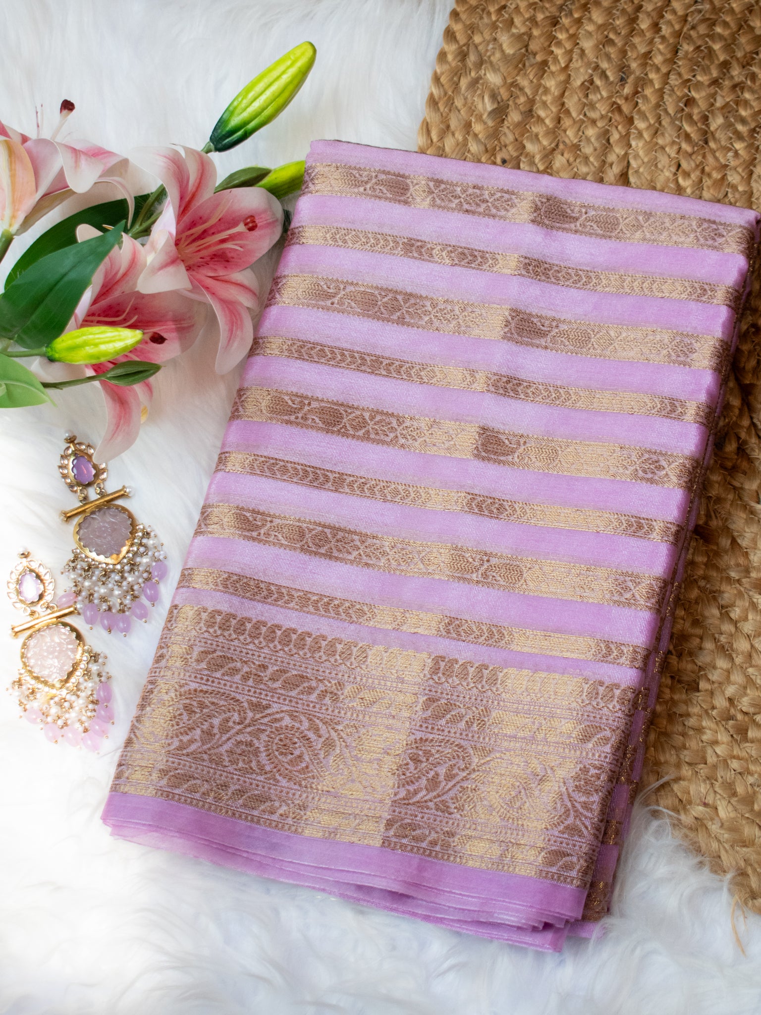 Banarasi Semi Cotton Saree Antique Weaving &  Border- Lavender