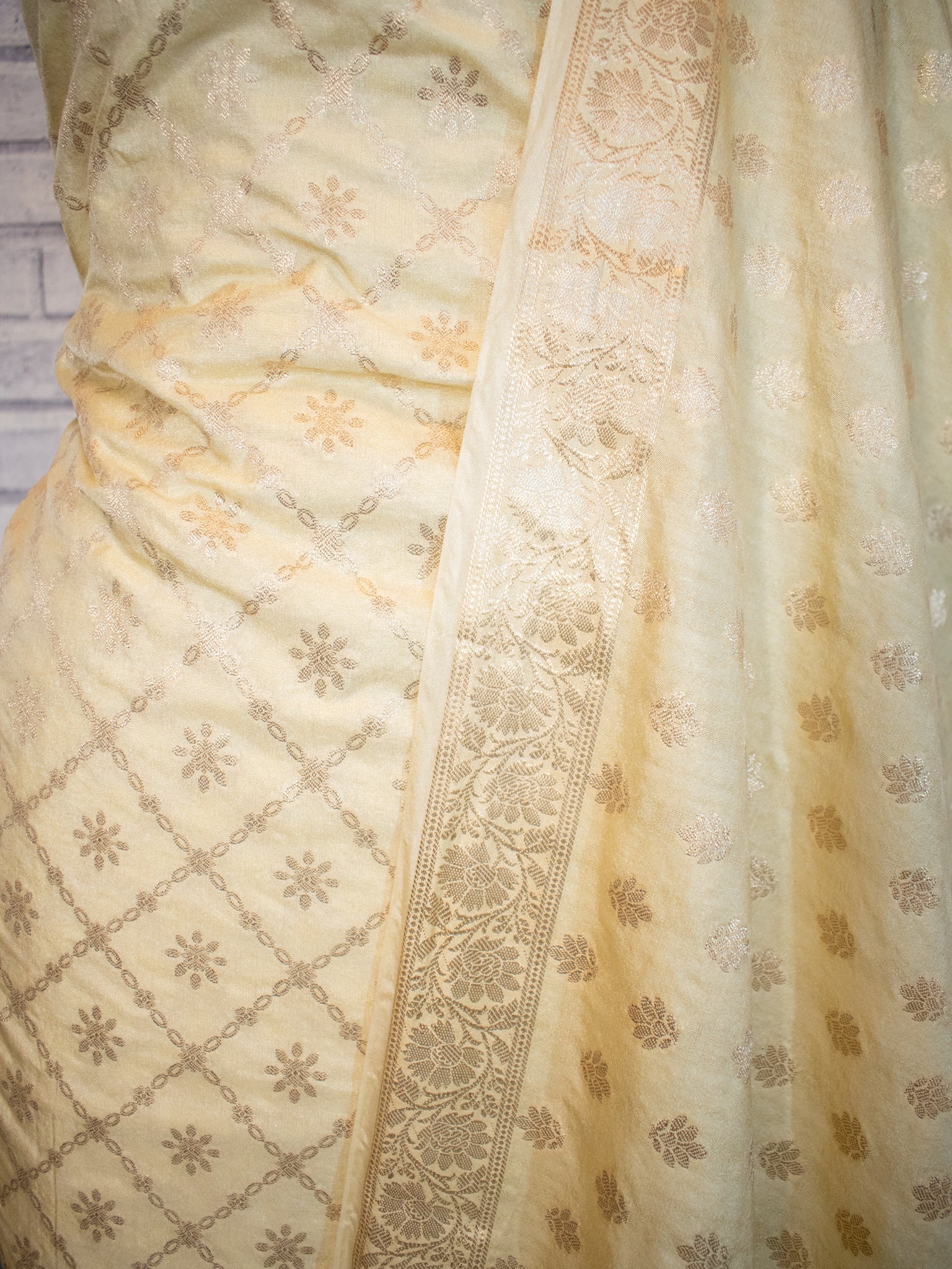 Banarasi Semi Katan Salwar Kameez Fabric With Dupatta- Beige
