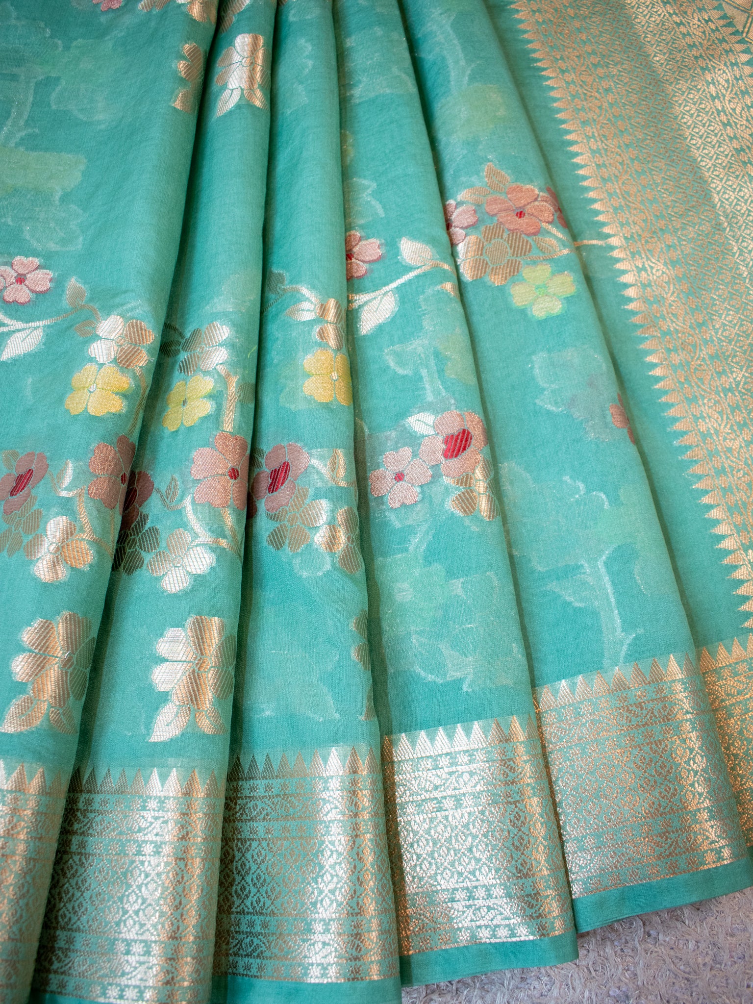 Banarasi Cotton Silk Saree with Floral Weaving & Border- Sea Green