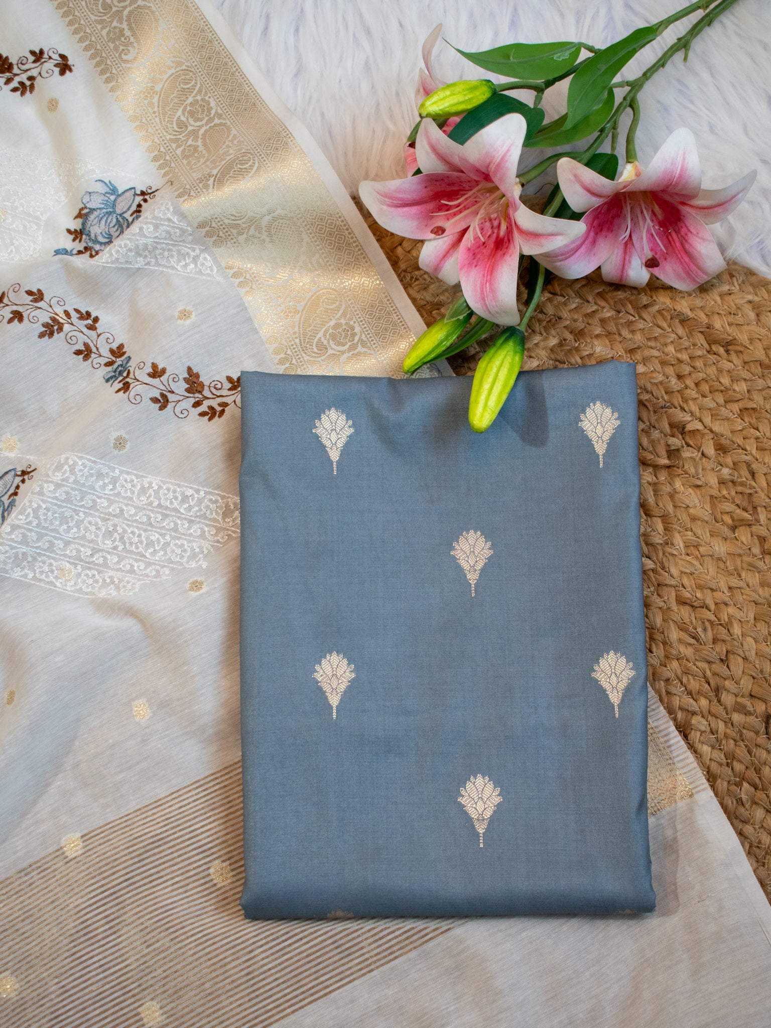 Banarasi Cotton Silk Salwar Kameez with Contrast Dupatta- Grey