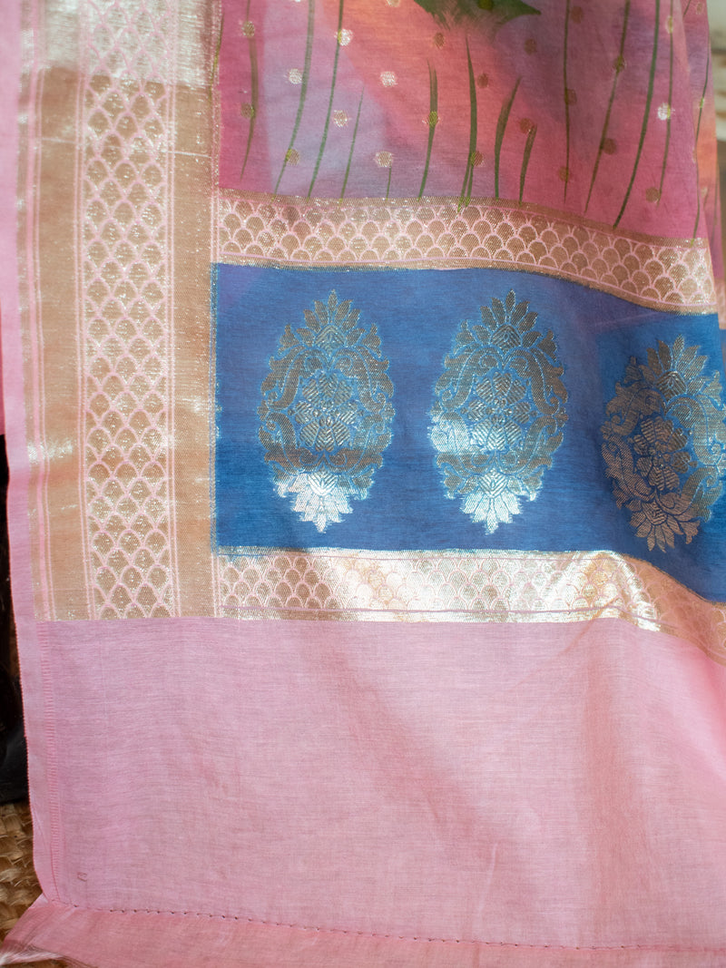 Banarasi Cotton Silk Salwar Kameez Material With Silver Zari & Hand Printed Dupatta-Pink