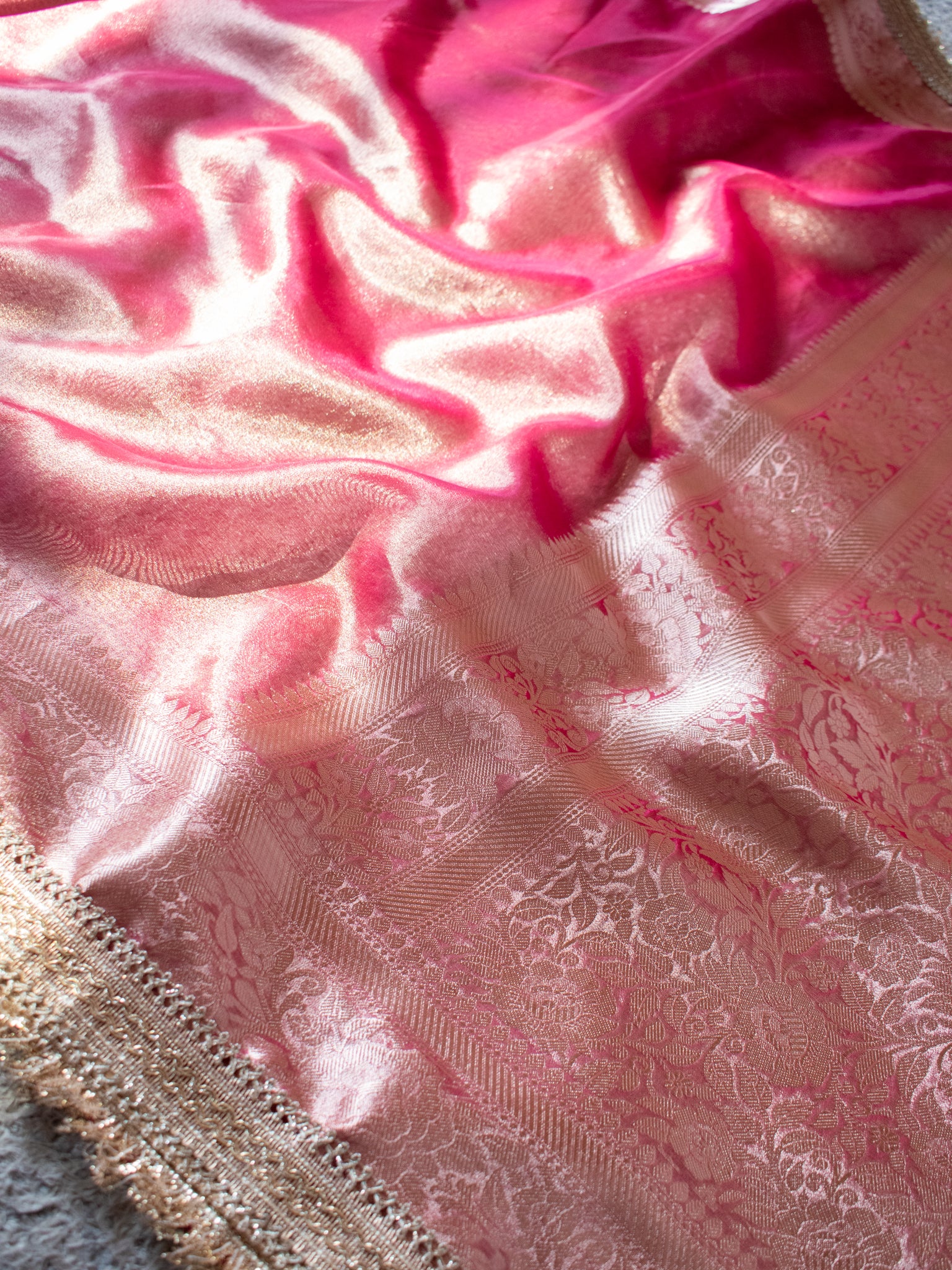 Banarasi Tissue Saree With Zari Weaving & Lace Border - Pink