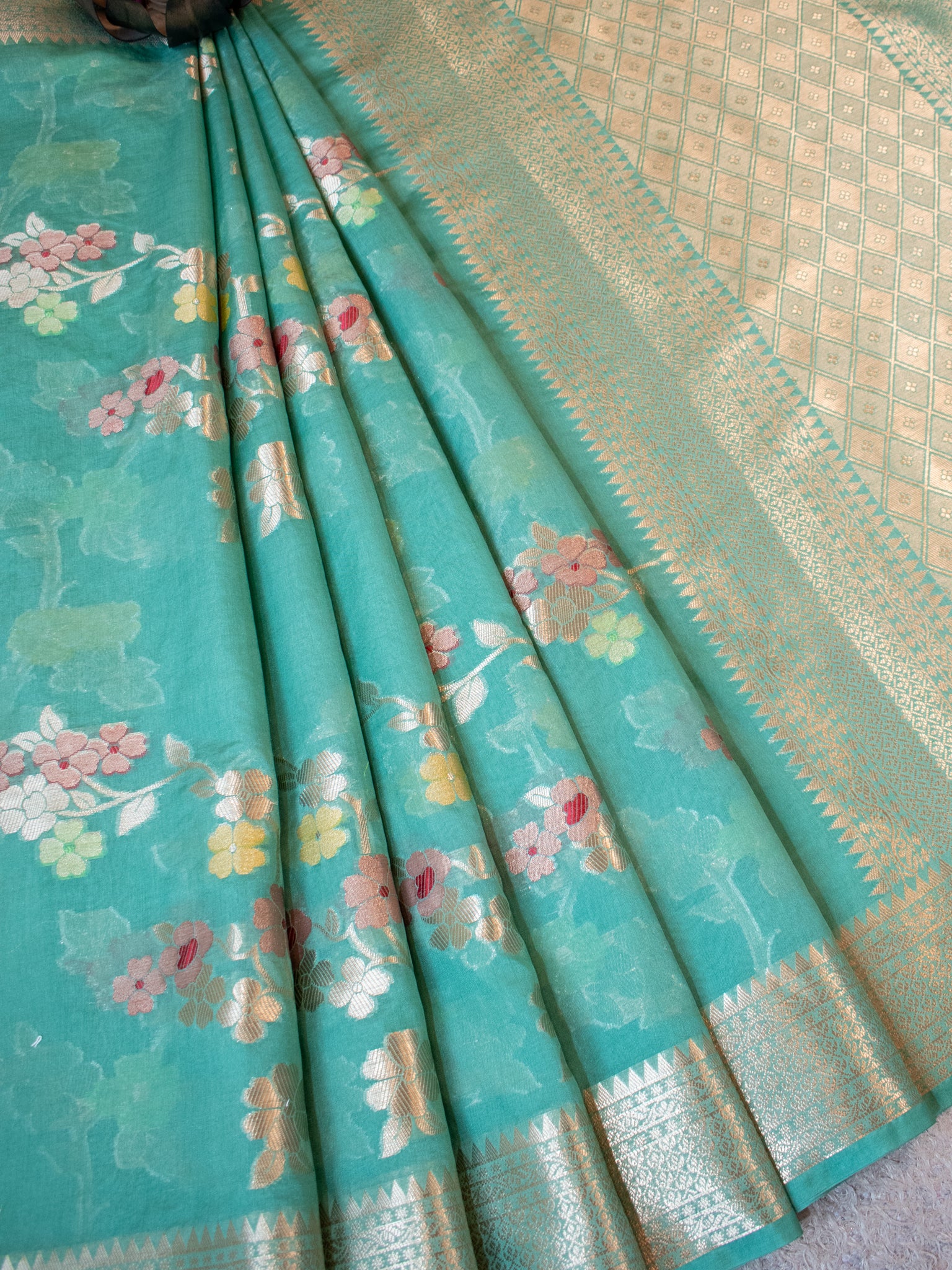 Banarasi Cotton Silk Saree with Floral Weaving & Border- Sea Green