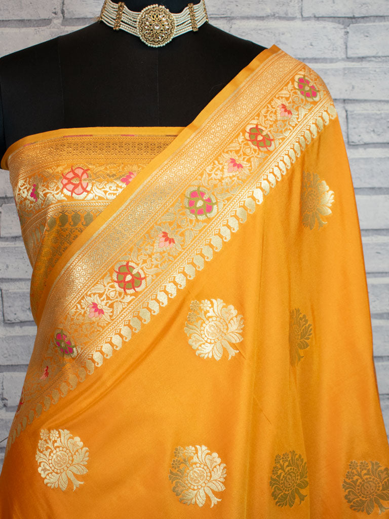 Banarasi Art Katan Silk Saree With Meena Buta Weaving-Yellow