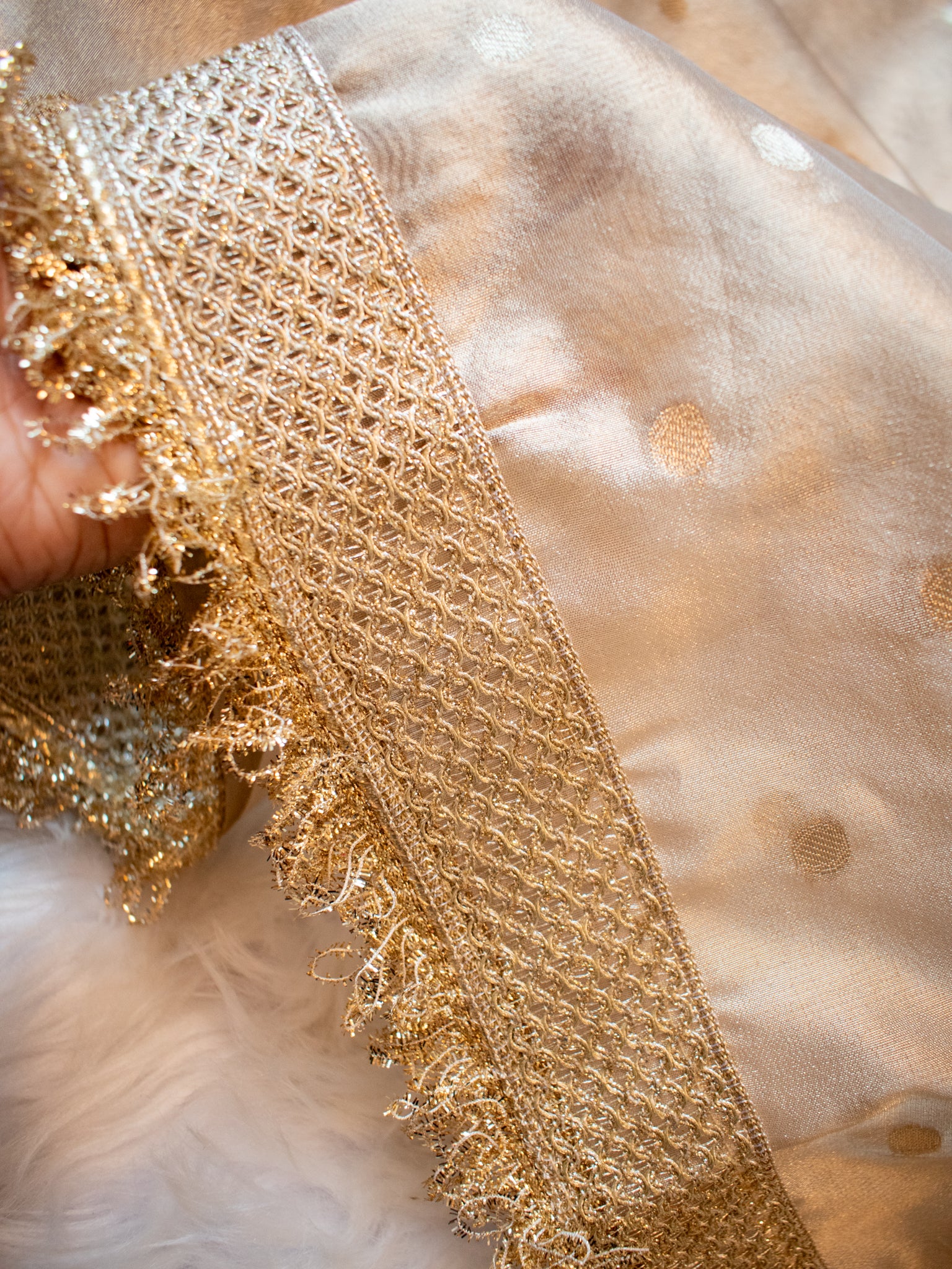 Banarasi Tissue Saree With Zari Buti Weaving & Lace Border- Beige