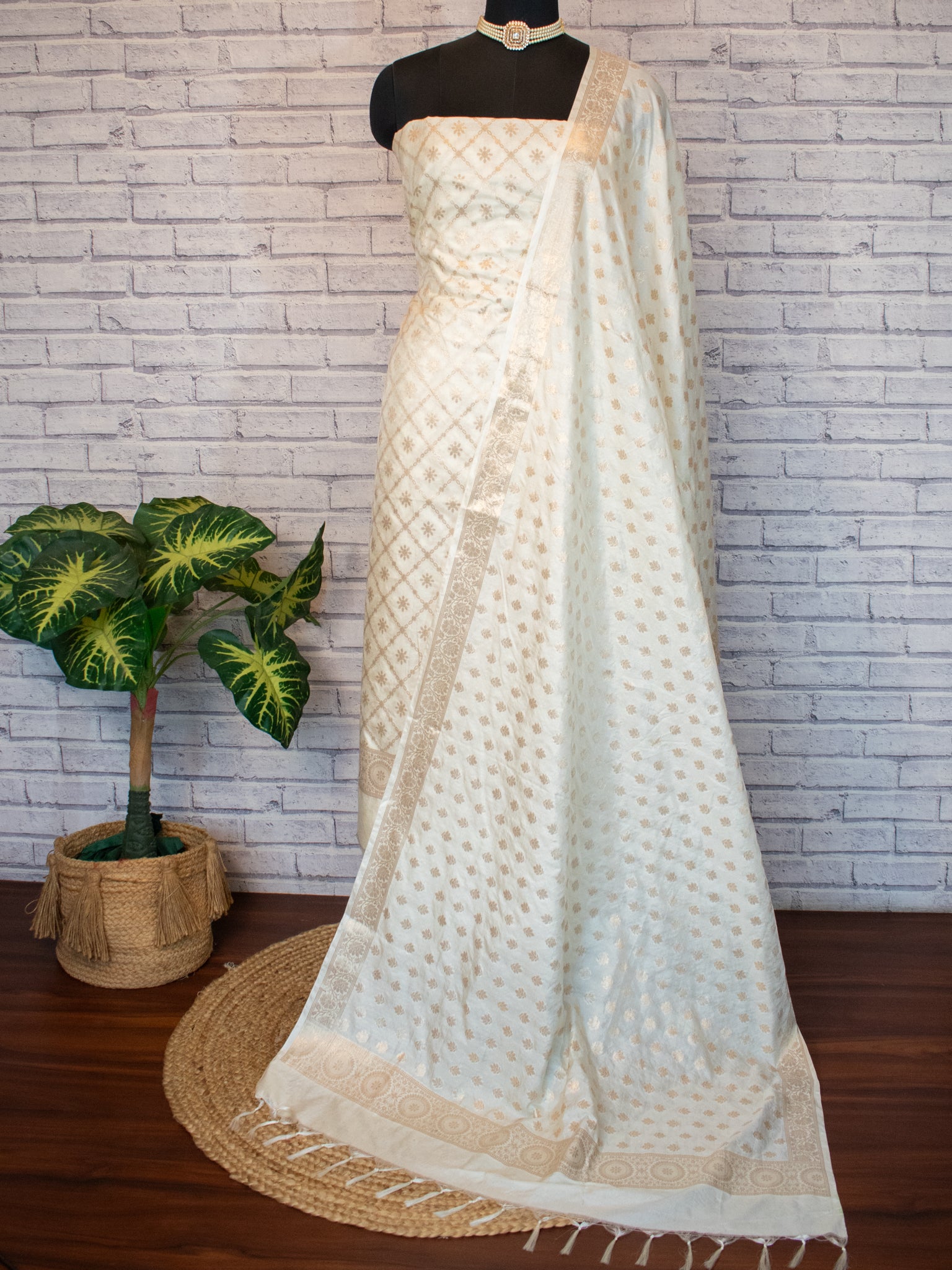 Banarasi Semi Katan Salwar Kameez Fabric With Dupatta- Off White