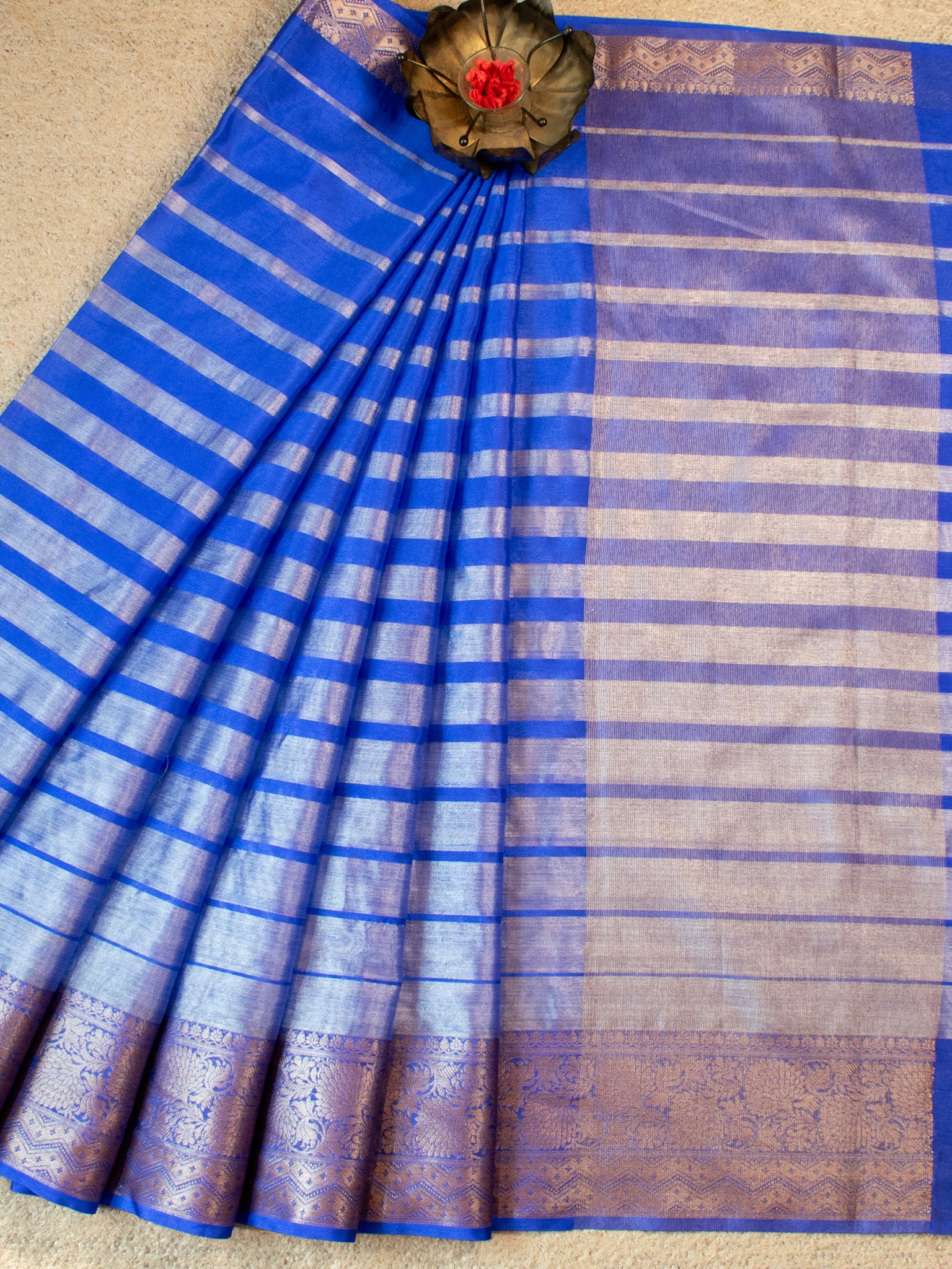 Banarasi Tissue Saree With Copper Zari Border-Blue