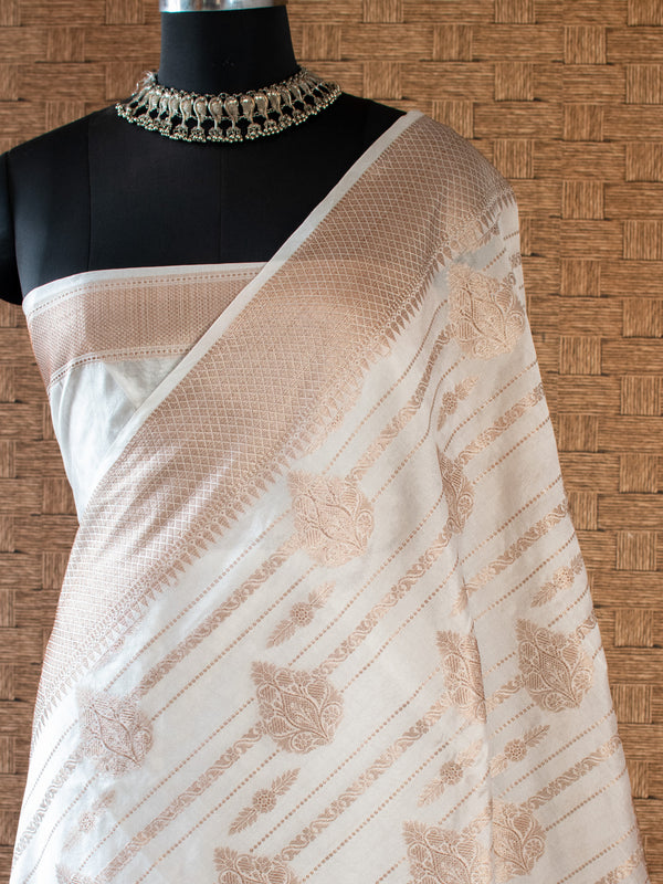 Banarasi Cotton Silk Saree with Buta Resham Weaving-White