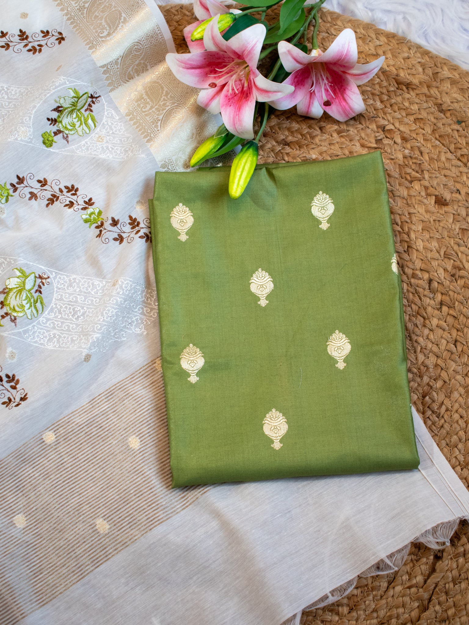 Banarasi Cotton Silk Salwar Kameez with Contrast Dupatta- Green