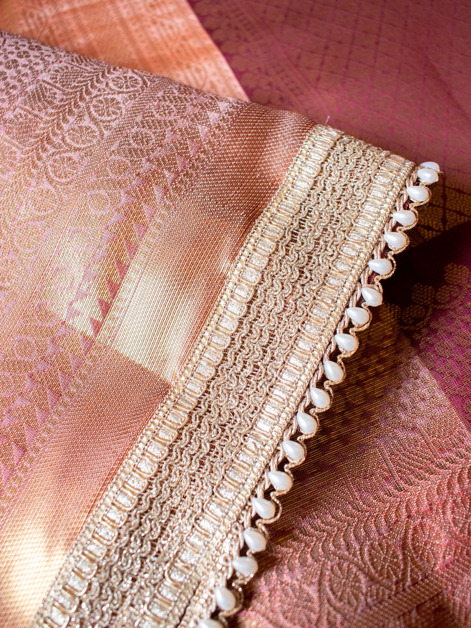 Banarasi Tissue Saree With Weaving & Lace Border- Peach
