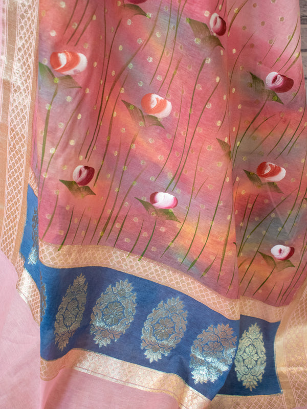 Banarasi Cotton Silk Salwar Kameez Material With Silver Zari & Hand Printed Dupatta-Pink