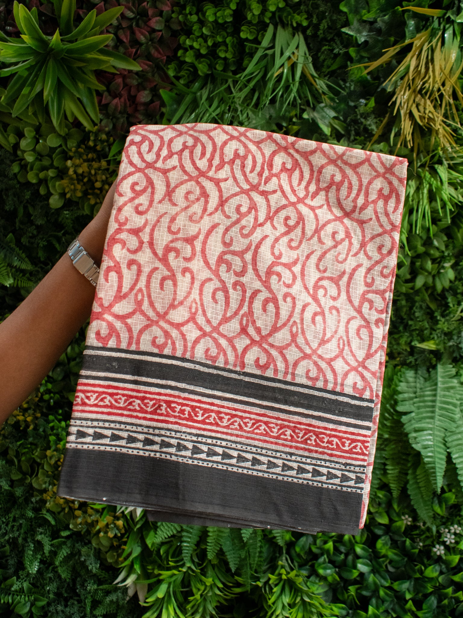 Hand Block Printed Kota Check Saree -White & Red