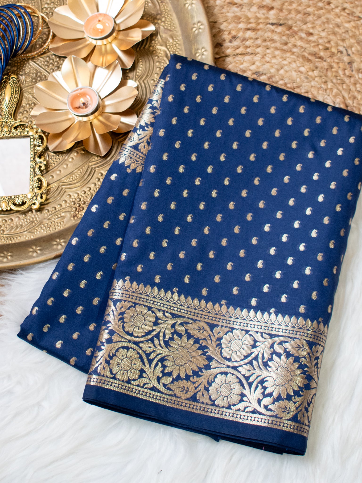Banarasi Silk Saree With Zari Buti Weaving & Border - Navy Blue