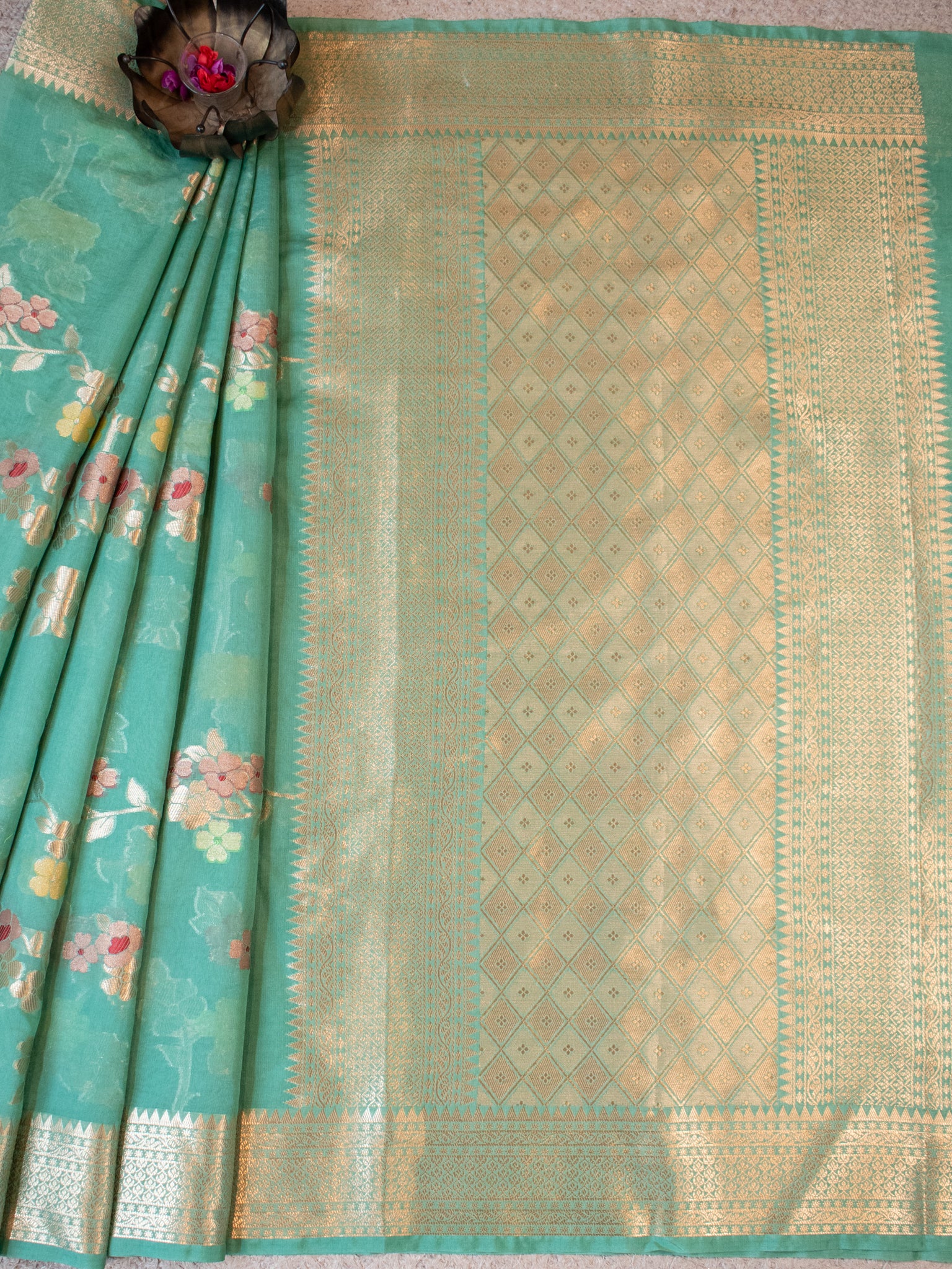 Banarasi Cotton Silk Saree with Floral Weaving & Border- Sea Green