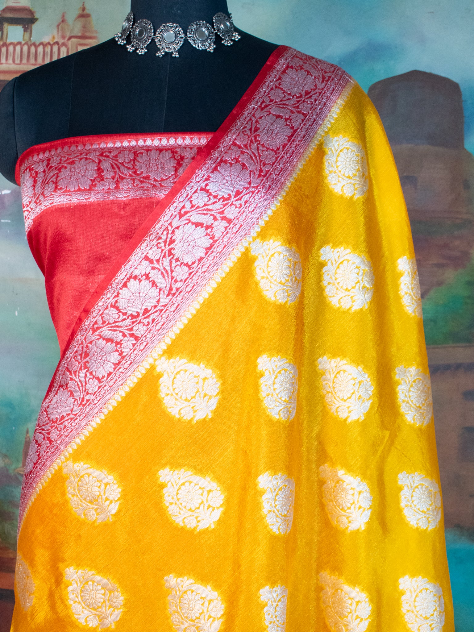 Banarasi Dupion Warm Silk Saree With Silver Buta & Contrast Border- Yellow