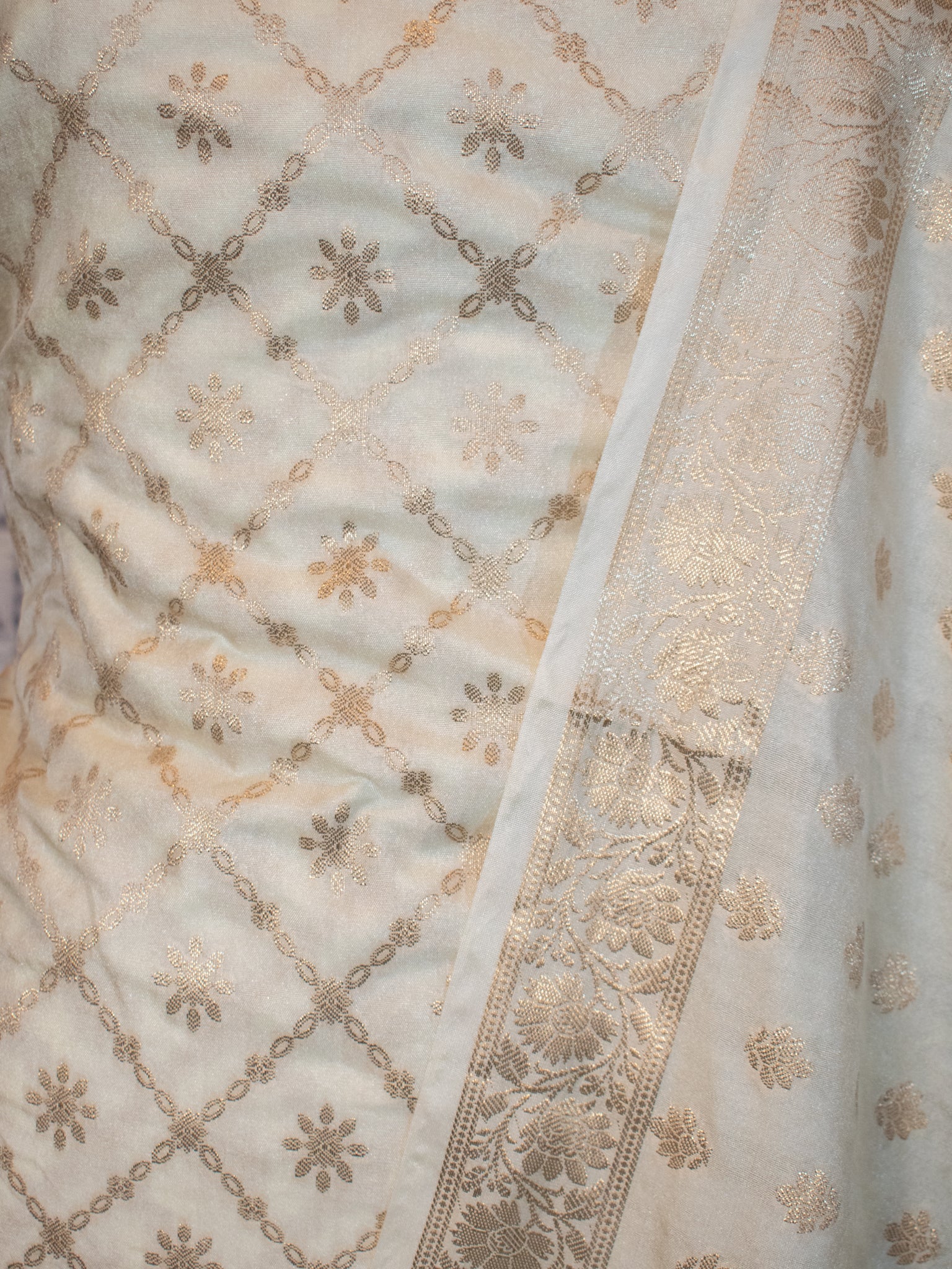 Banarasi Semi Katan Salwar Kameez Fabric With Dupatta- Off White