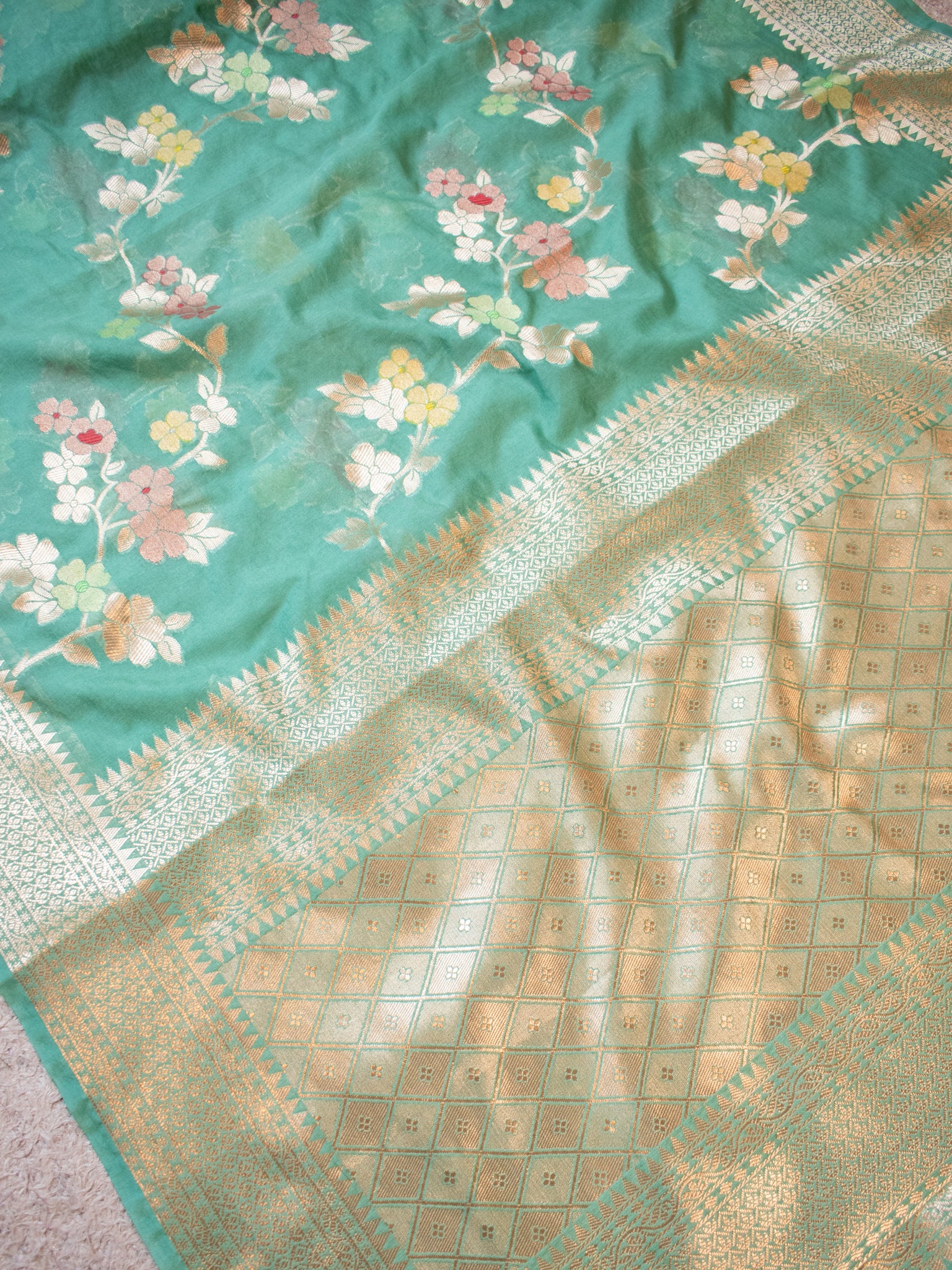 Banarasi Cotton Silk Saree with Floral Weaving & Border- Sea Green