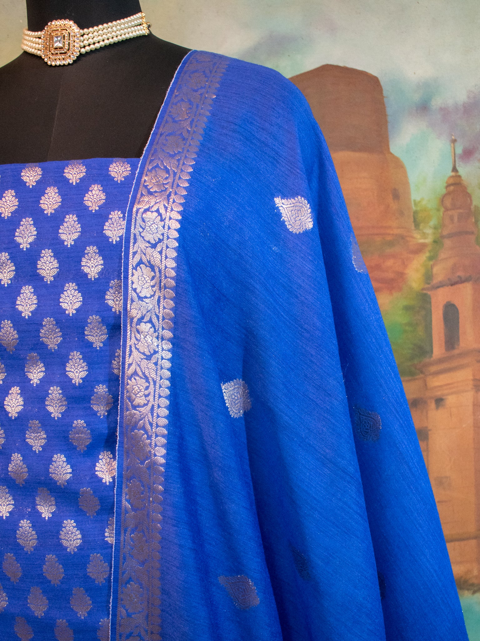 Banarasi Pure Muga Silk Salwar Kameez- Blue