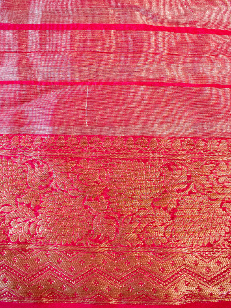 Banarasi Tissue Saree With Copper Zari Border-Red