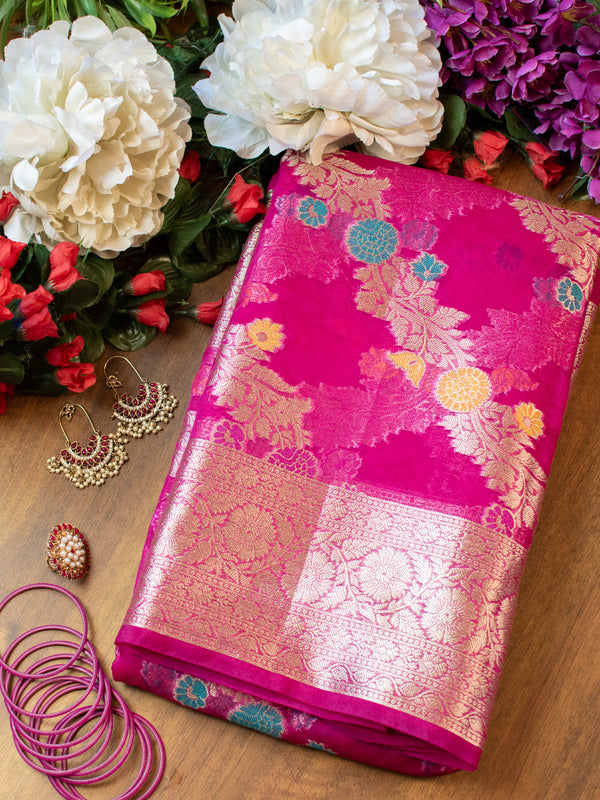 Banarasi Cotton Silk Saree With Silver Zari Weaving & Border-Pink