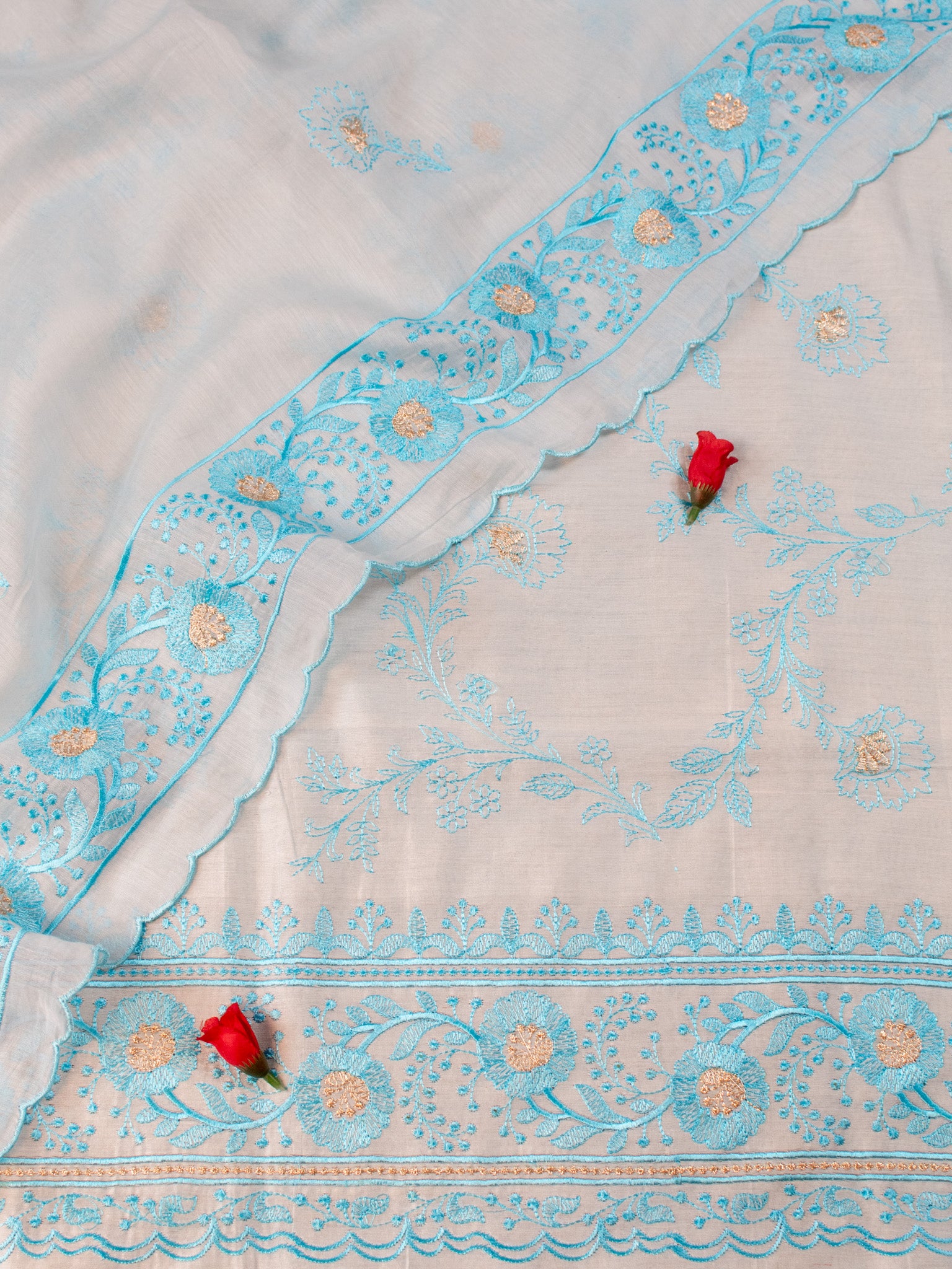 Banarasi Soft Cotton Embroidered Salwar Kameez Fabric With Dupatta- Blue