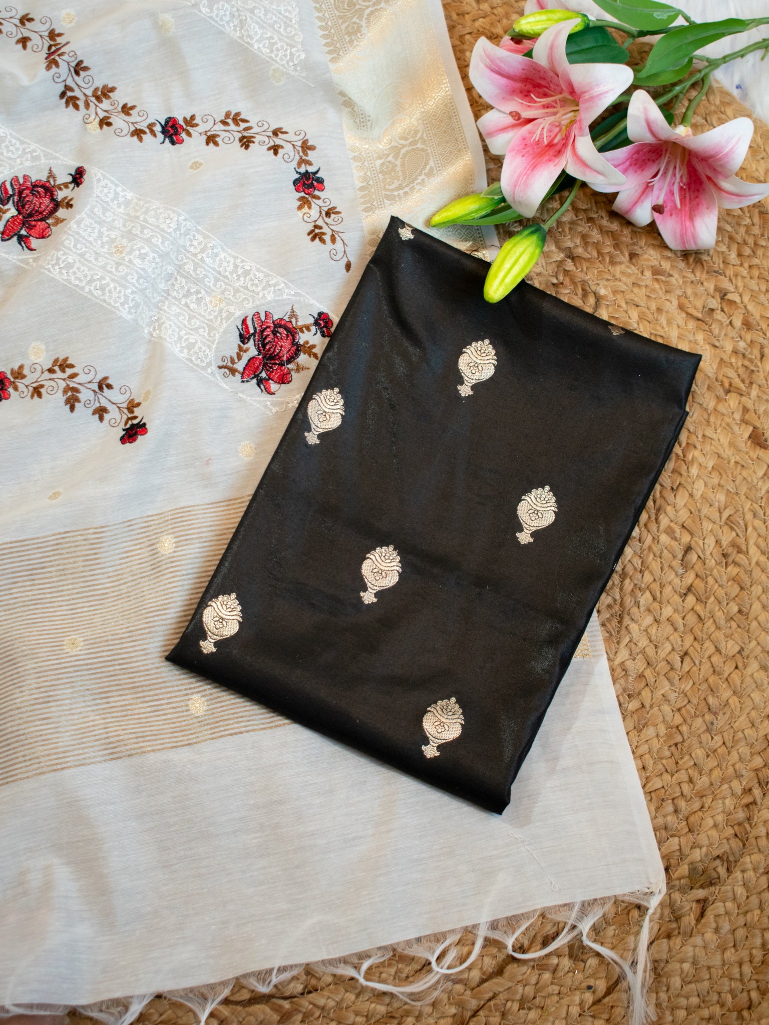 Banarasi Cotton Silk Salwar Kameez with Contrast Dupatta- Black