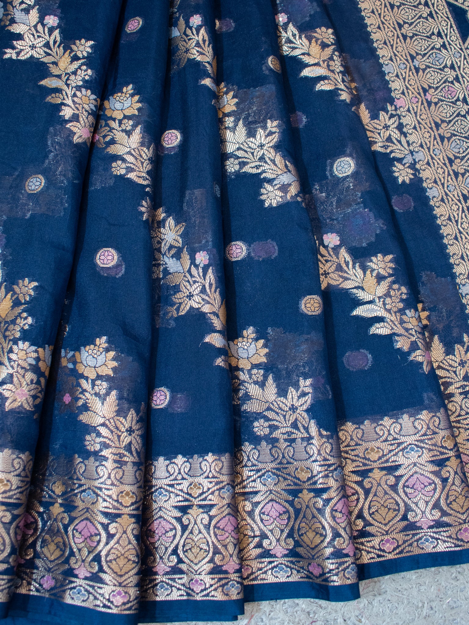 Banarasi Soft Cotton Saree with Floral Weaving & Border- Blue