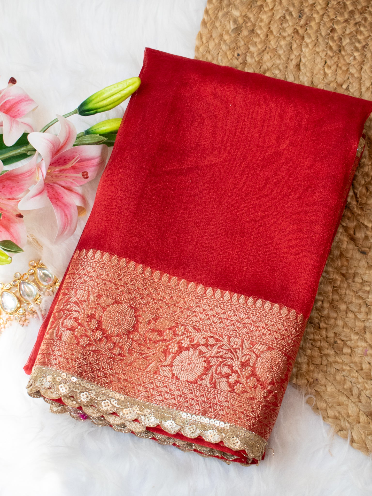 Banarasi Tissue Saree With Lace Border - Red