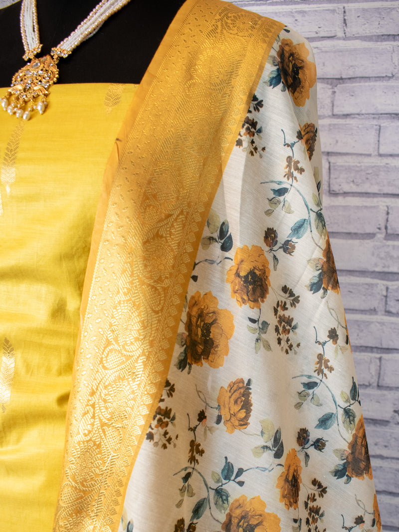 Banarasi Cotton Salwar Kameez Material With Silver Zari Weaving & Dupatta-Yellow
