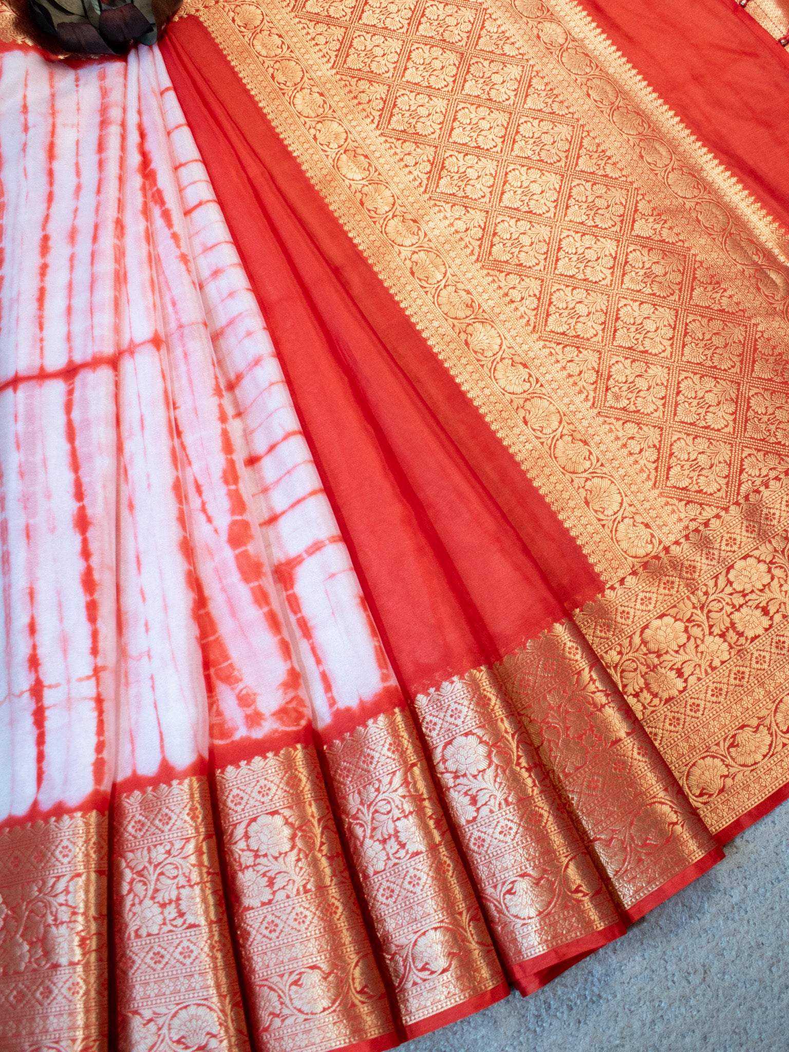 Banarasi Shibori Dyed Cotton Silk Saree With Zari Border-Orange