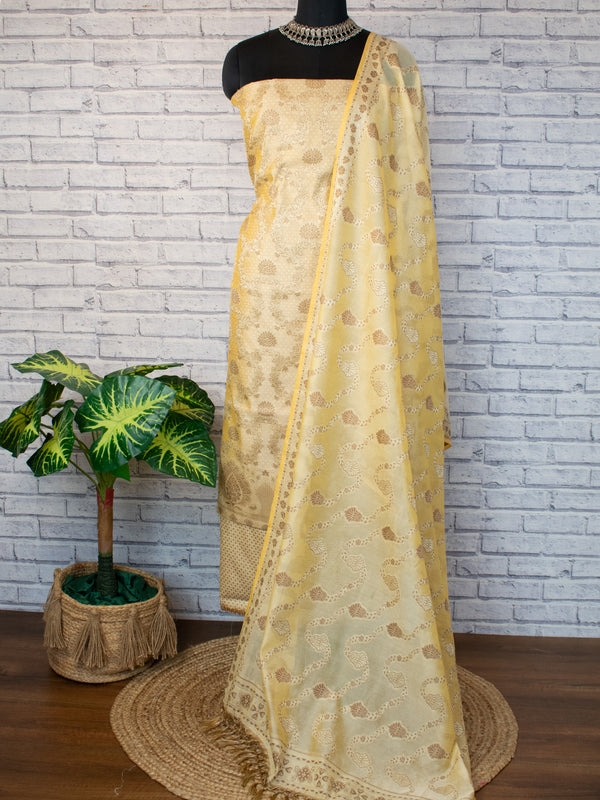 Banarasi Cotton Silk Salwar Kameez Fabric Resham Weaving & Jaal Dupatta-Yellow