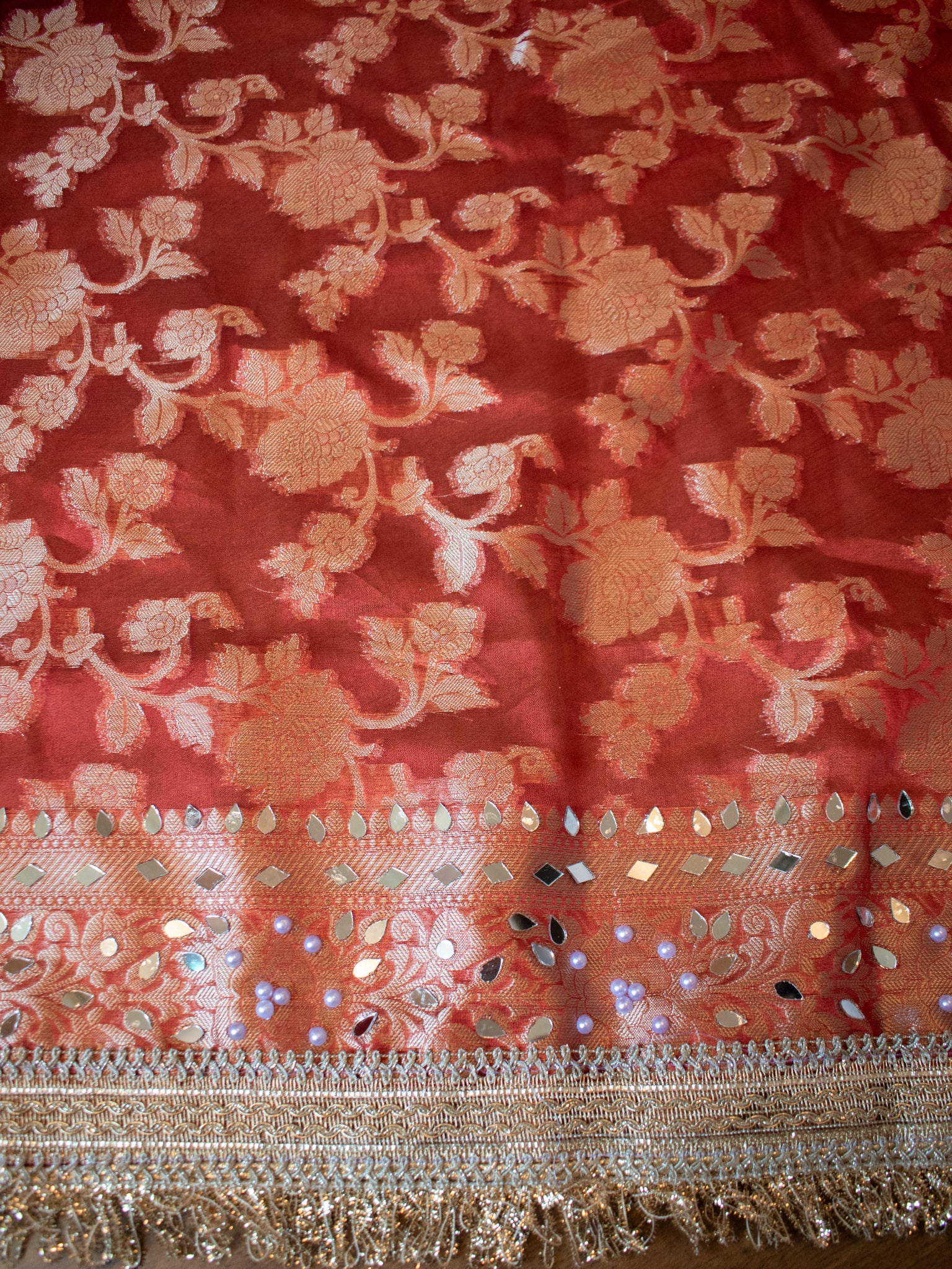 Banarasi Mirror Work Tissue Saree with Lace Border - Red
