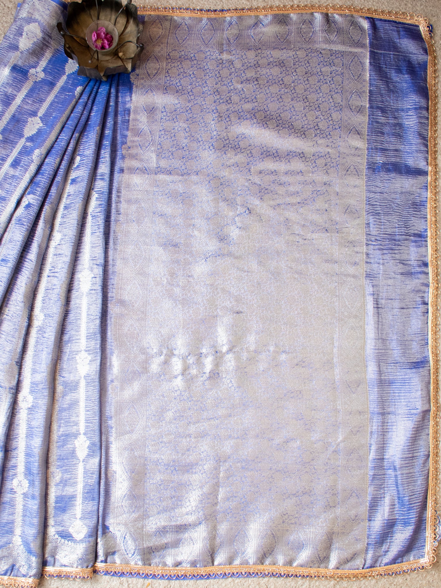 Banarasi Crushed Tissue Saree With Silver Zari Border & Lace- Blue