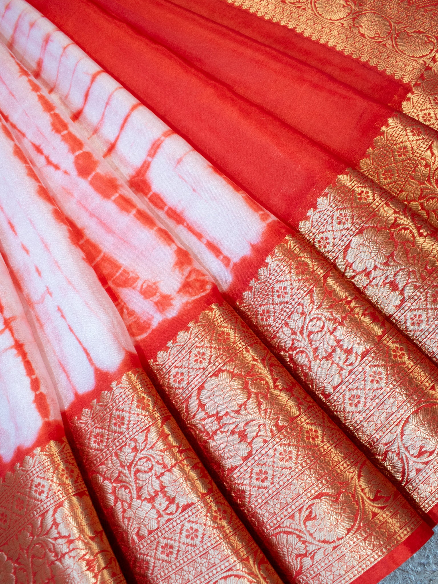 Banarasi Shibori Dyed Cotton Silk Saree With Zari Border-Orange