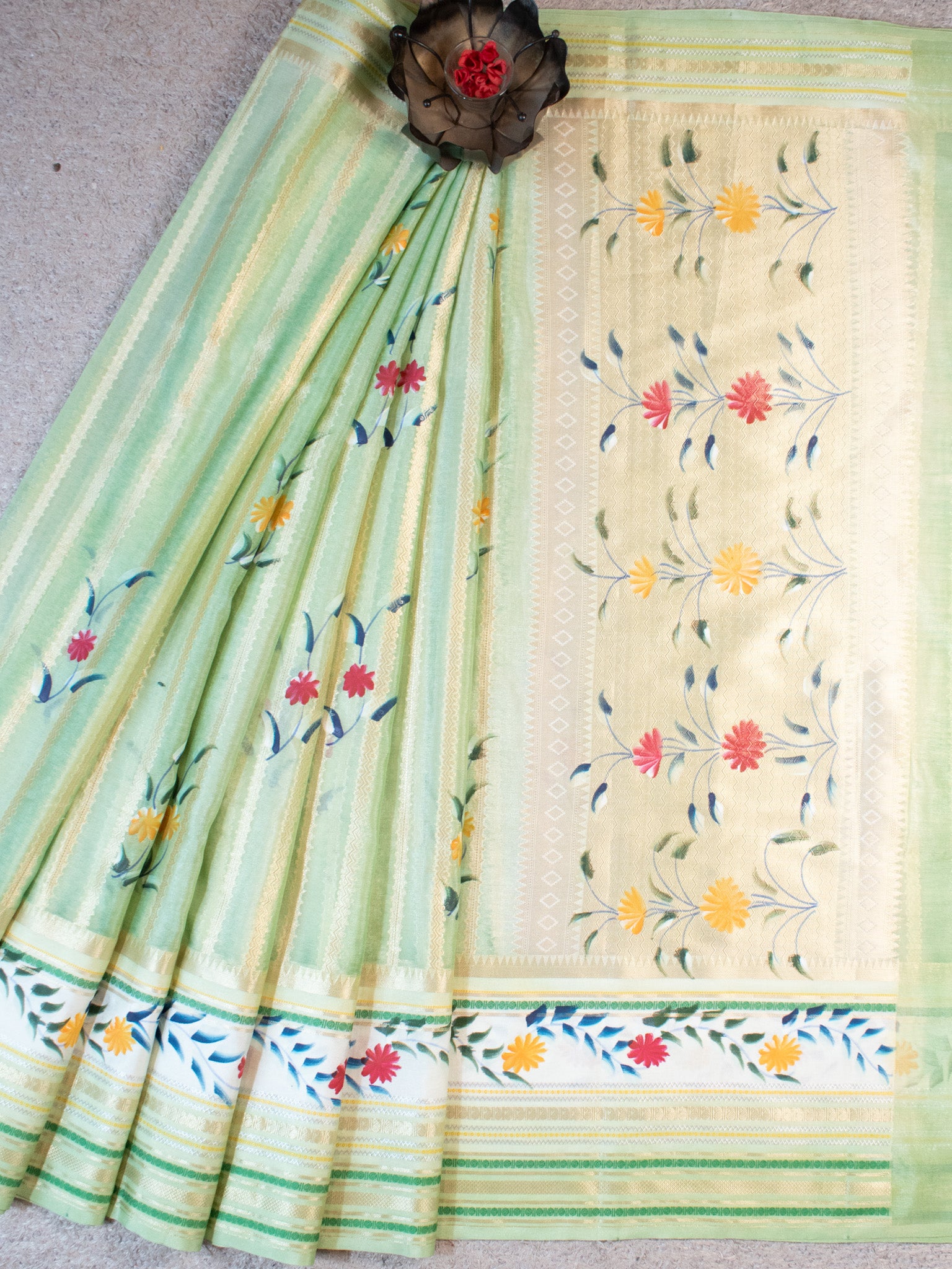 Handpainted Banarasi Semi Dupion Silk Saree With Zari Border-Green