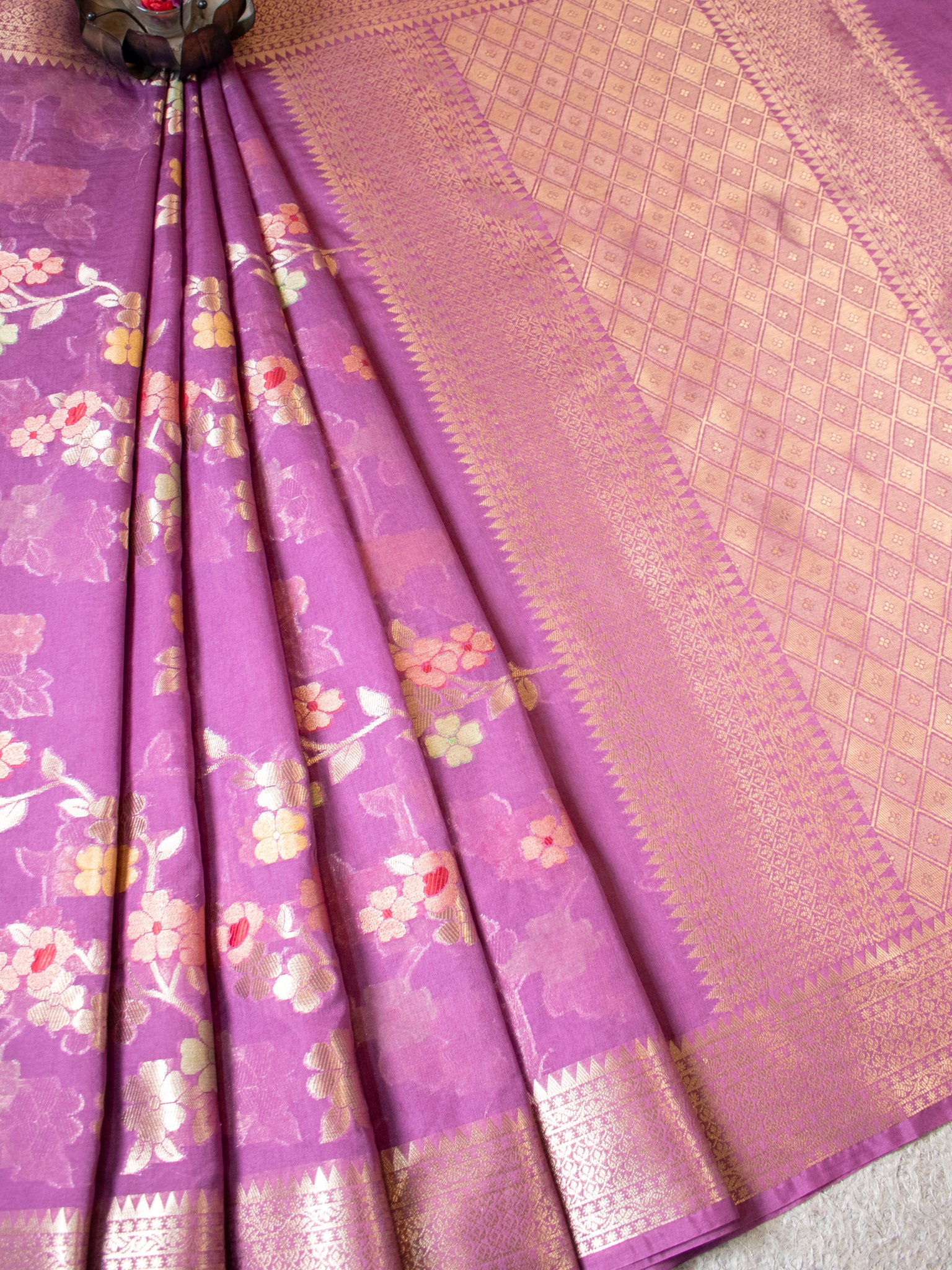 Banarasi Cotton Silk Saree with Floral Weaving & Border- Mauve