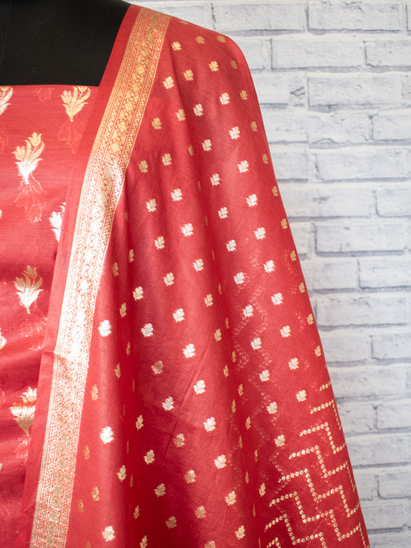 Cotton Silk Salwar Kameez Material With Silver Zari Weaving & Dupatta-Red