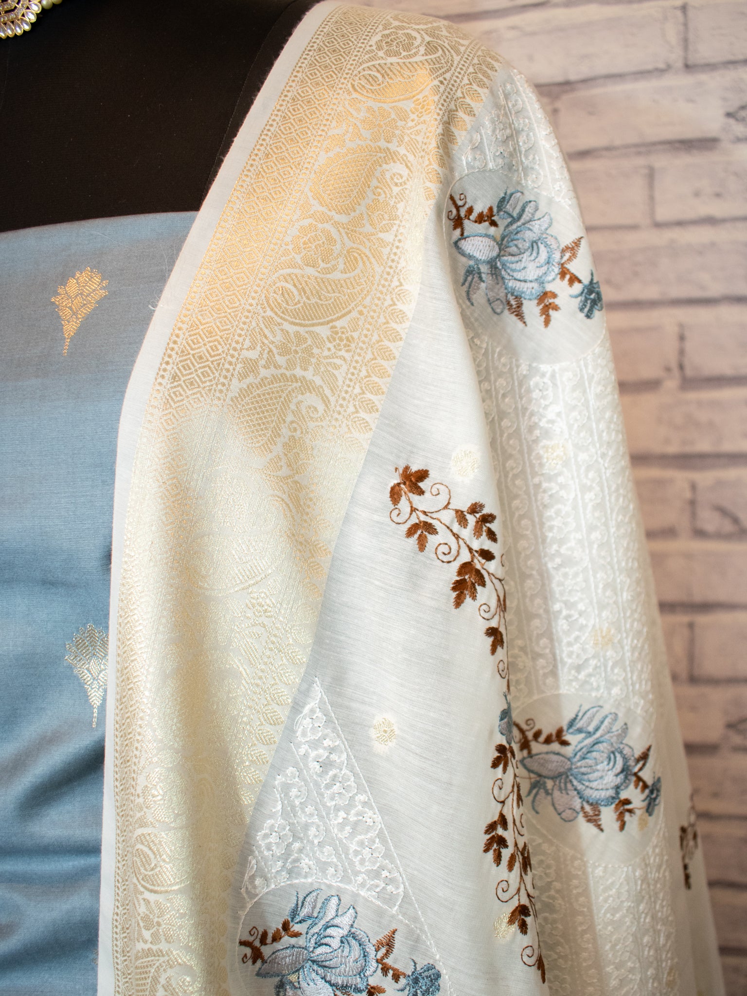 Banarasi Cotton Silk Salwar Kameez with Contrast Dupatta- Grey