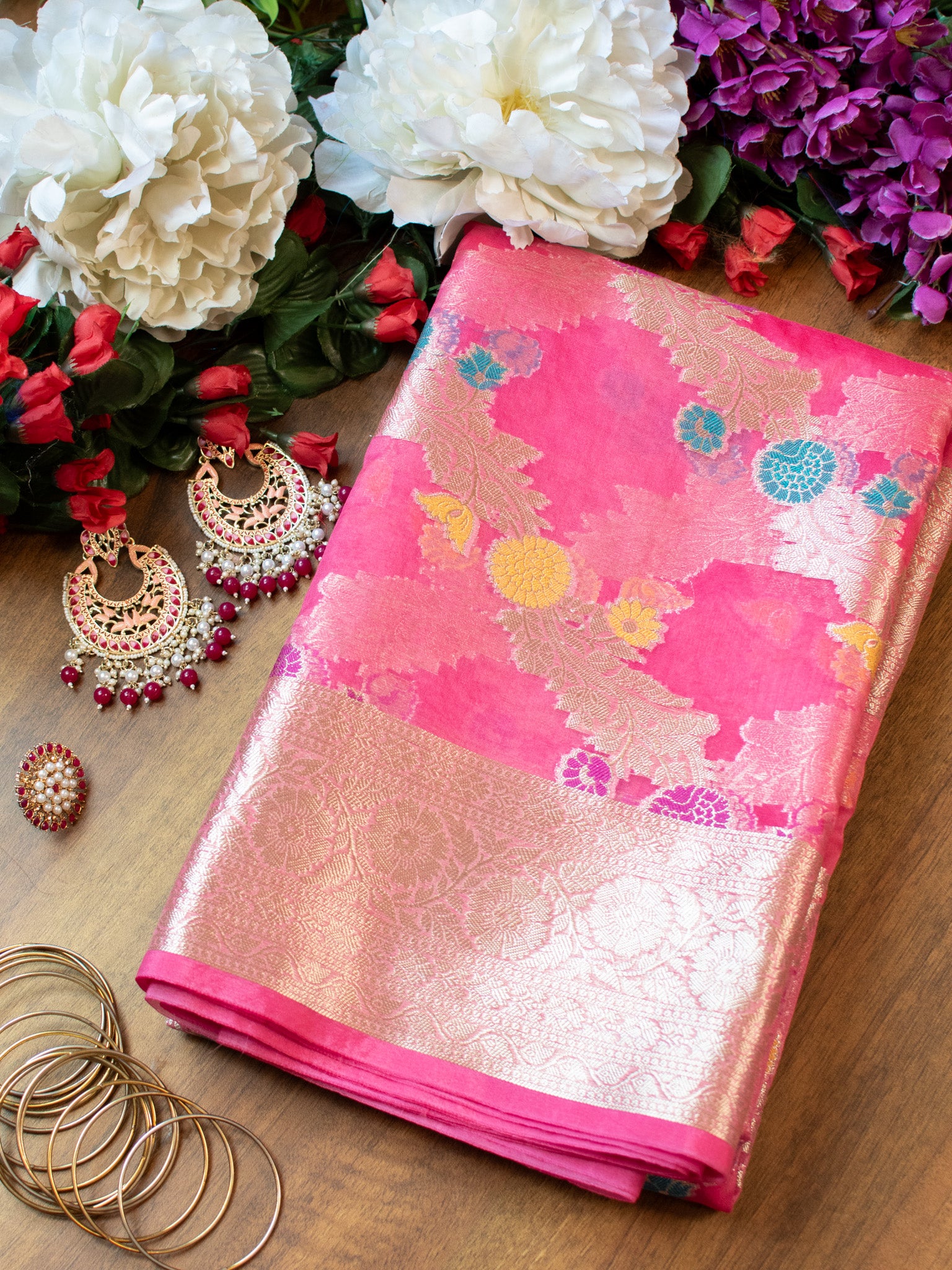 Banarasi Cotton Silk Saree With Silver Zari Weaving & Border-Pink