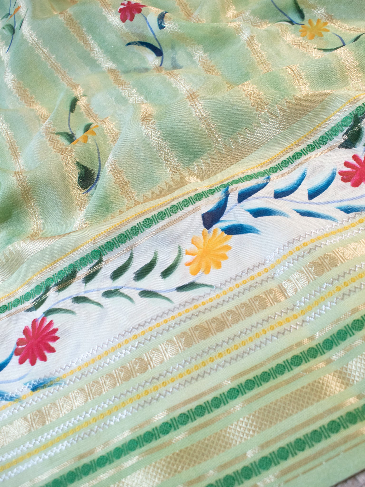 Handpainted Banarasi Semi Dupion Silk Saree With Zari Border-Green