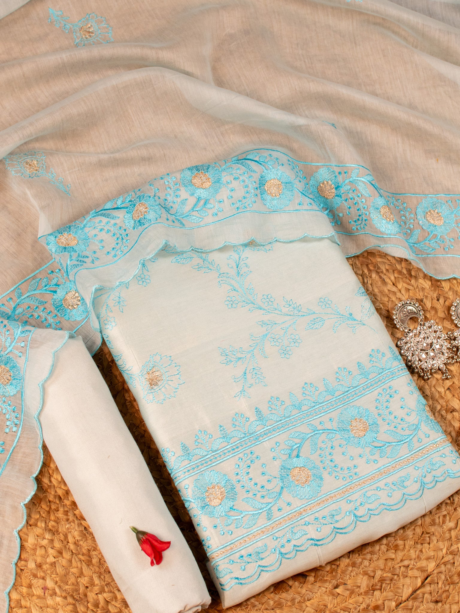 Banarasi Soft Cotton Embroidered Salwar Kameez Fabric With Dupatta- Blue