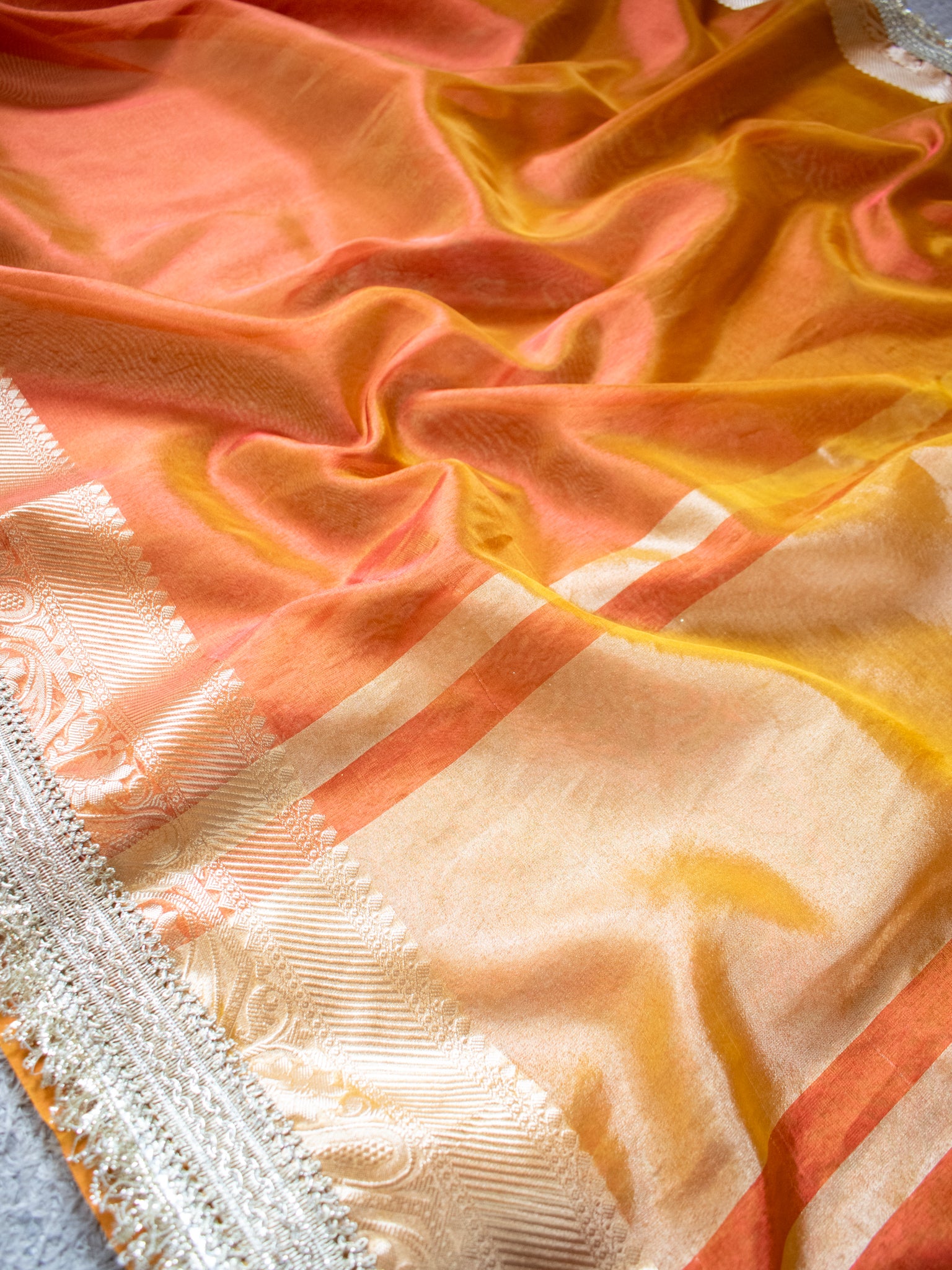 Banarasi Tissue Saree With Silver Zari Border & Lace - Orange