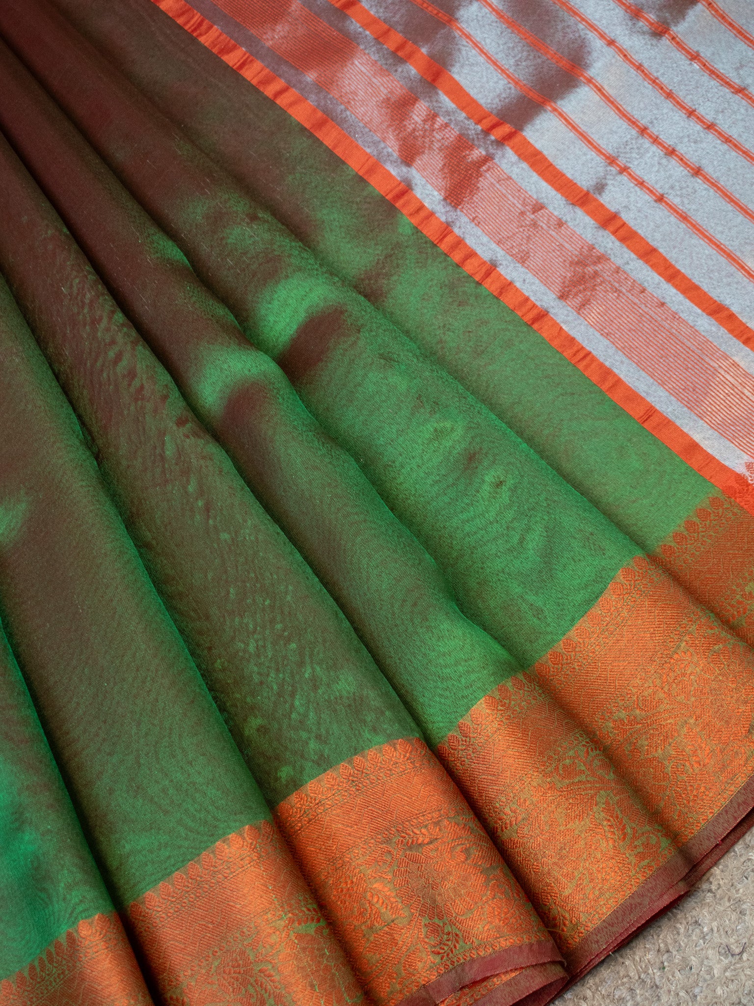 Banarasi Plain Shaded Tissue Saree With Zari Border - Green