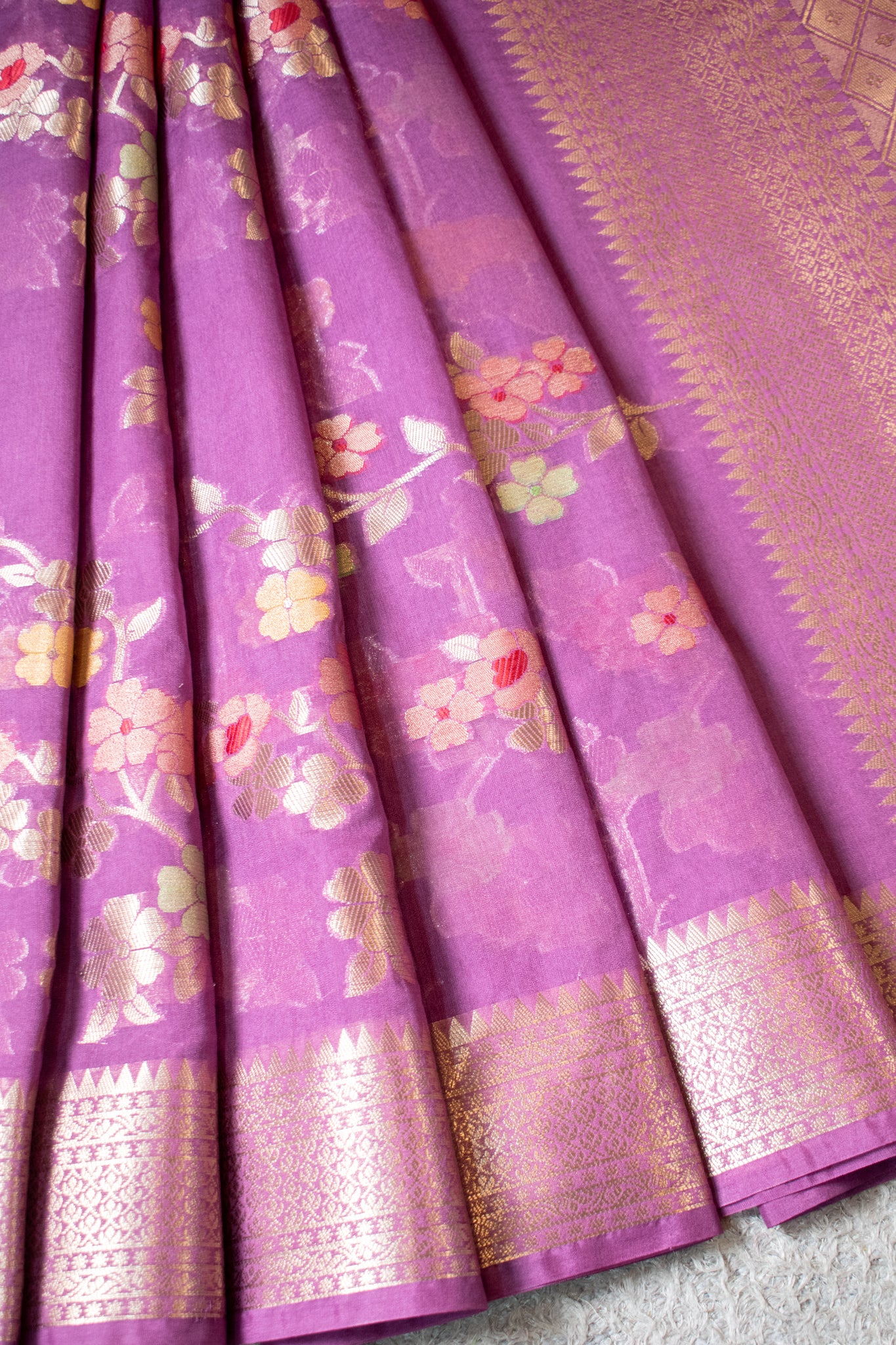 Banarasi Cotton Silk Saree with Floral Weaving & Border- Mauve