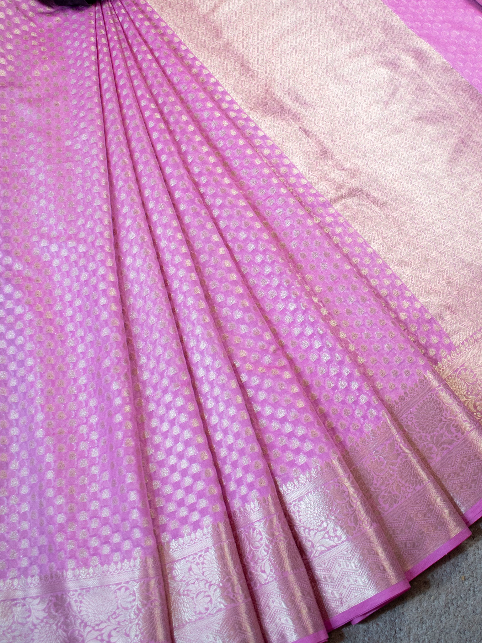 Banarasi Cotton Silk Saree With Silver Zari Weaving & Border-Pink