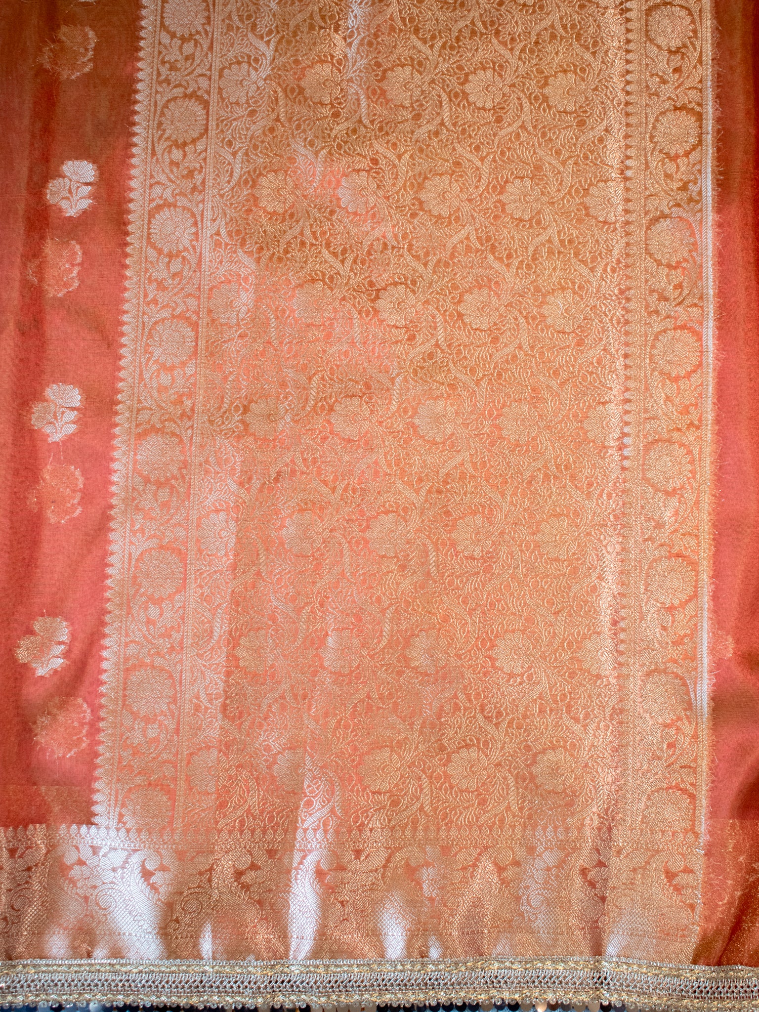 Banarasi Tissue Saree With Buti Weaving & Lace Border - Red