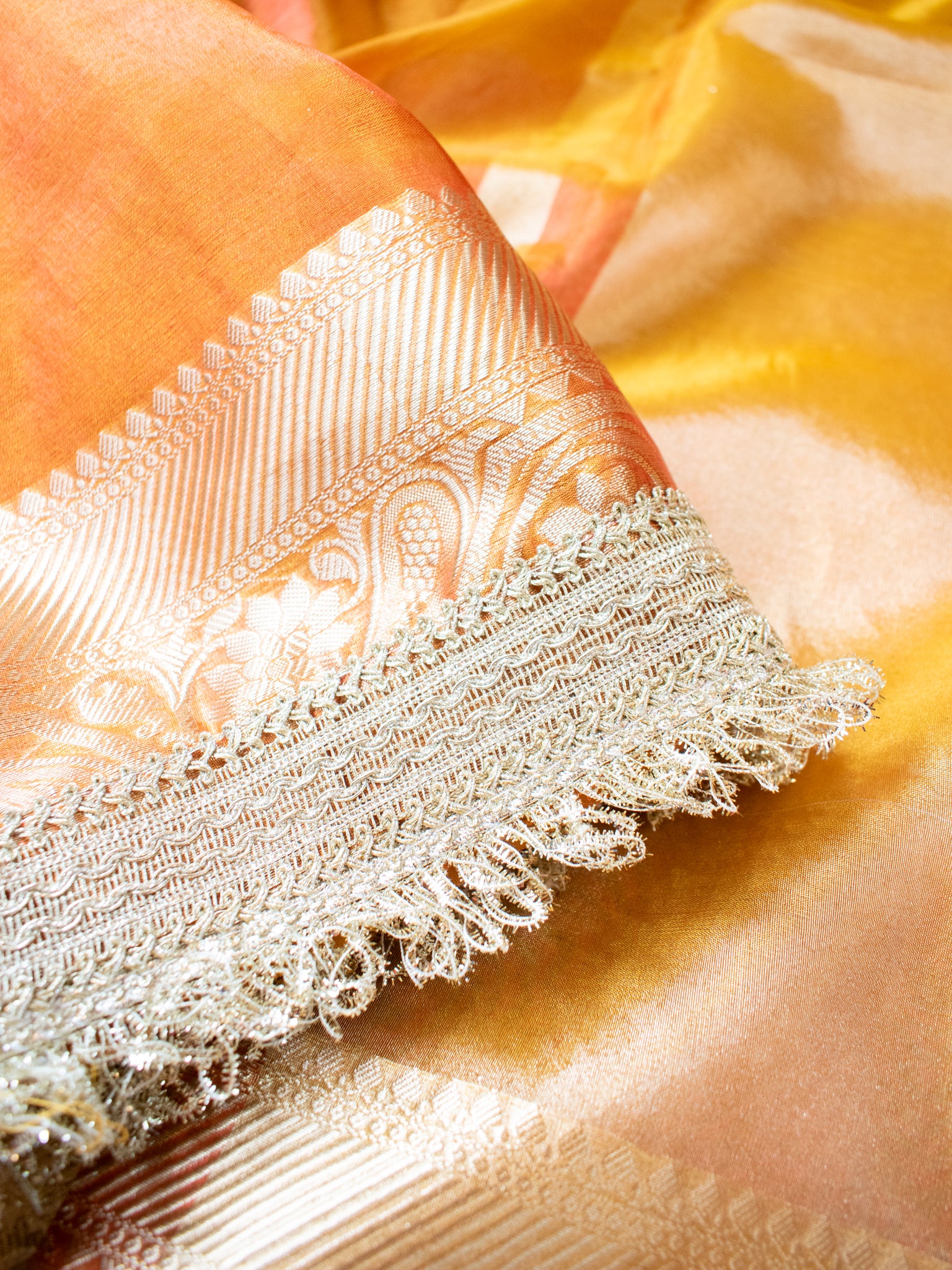 Banarasi Tissue Saree With Silver Zari Border & Lace - Orange
