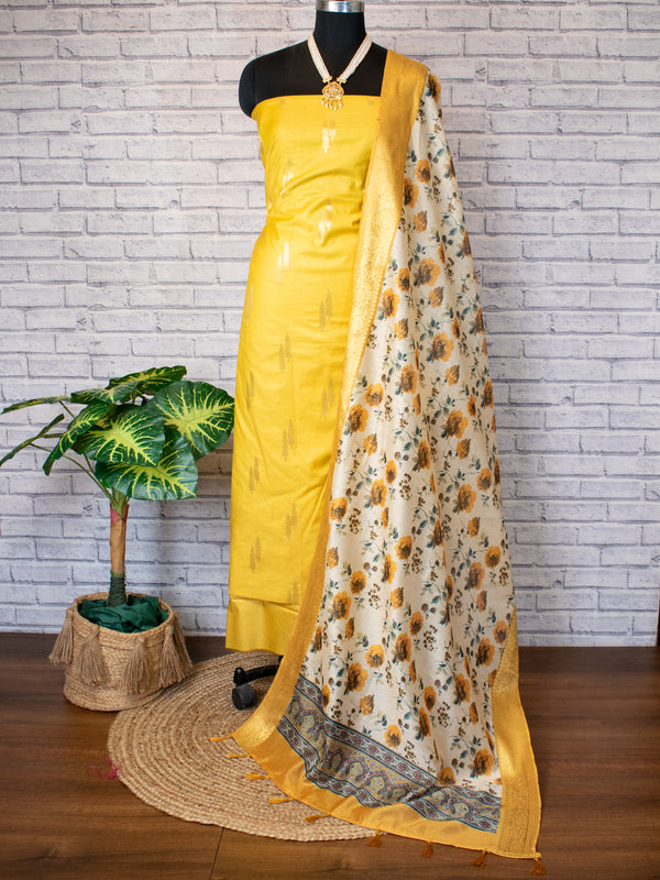 Banarasi Cotton Salwar Kameez Material With Silver Zari Weaving & Dupatta-Yellow