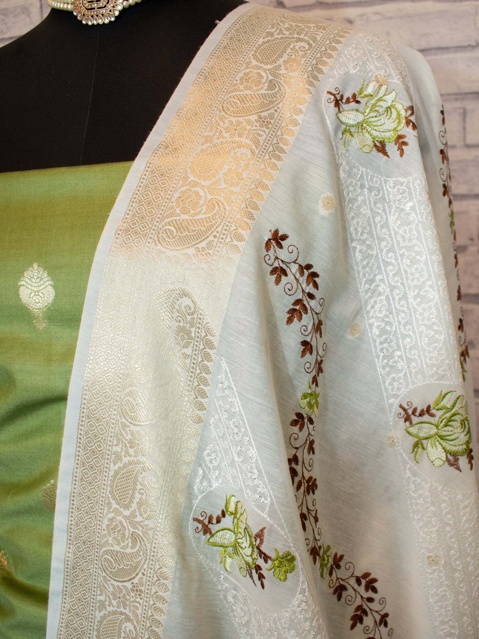 Banarasi Cotton Silk Salwar Kameez with Contrast Dupatta- Green